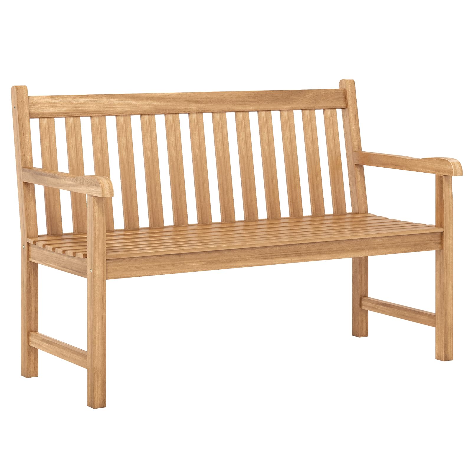 Tangkula Outdoor Garden Bench, 2-Person Eucalyptus Wood Bench with Backrest, Armrests and Slatted Seat, Patio Garden Bench for Yard, Porch, 800 lbs Capacity, Natural