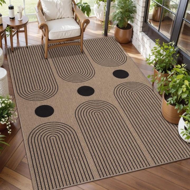 Tangsoo Rainbow Easy Jute Rug 5x7 Large Washable Area Rug for Living Room,Black Non-Slip Thin Outdoor Rug,Modern Farmhouse Indoor Carpet for Dining Room Table Bedroom Patio