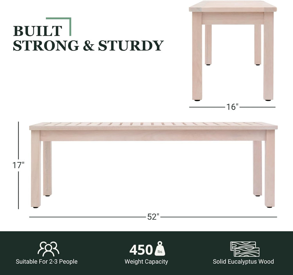 Premium Wooden Backless Bench with Slatted Seat, Eucalyptus Wood Outdoor Patio Garden Bench 52"x16"x17" for Entryway or Indoor Outdoor Seating (Whitewash)