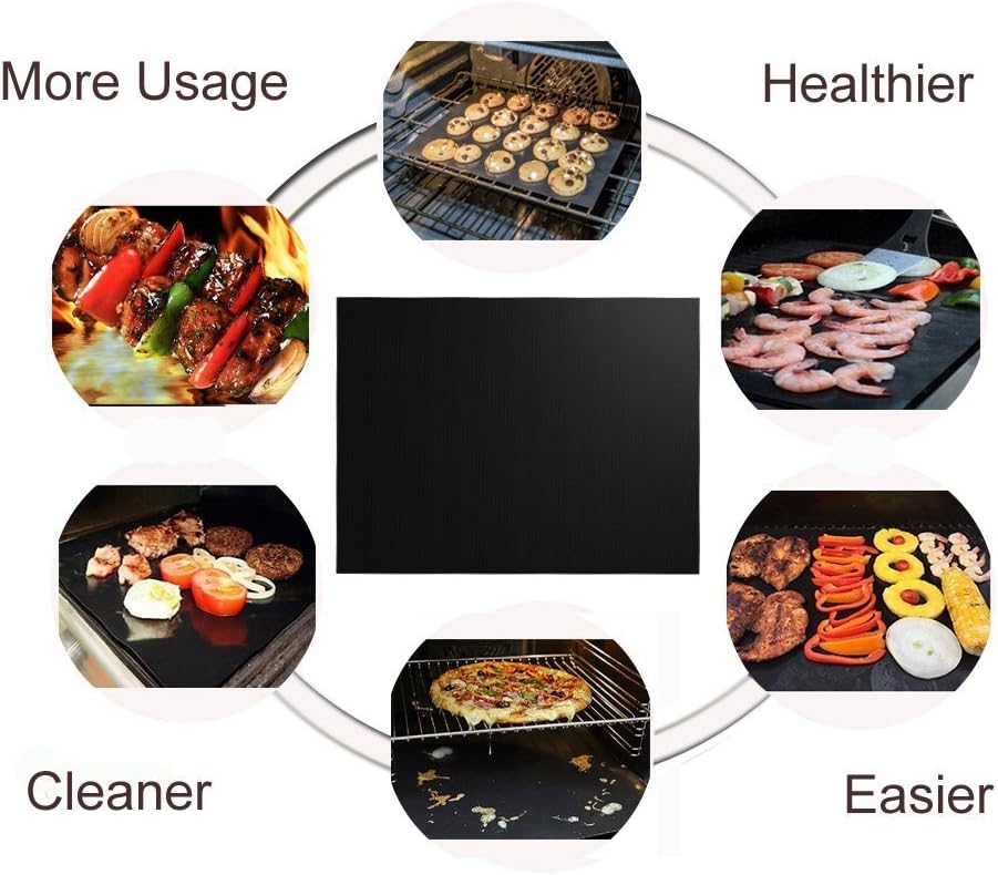 Grill Mat Set of 6-100% Non-Stick Reusable Mats for Gas, Charcoal or Electric Grills - Easy to Clean - 15.75 x 13-Inch, Black