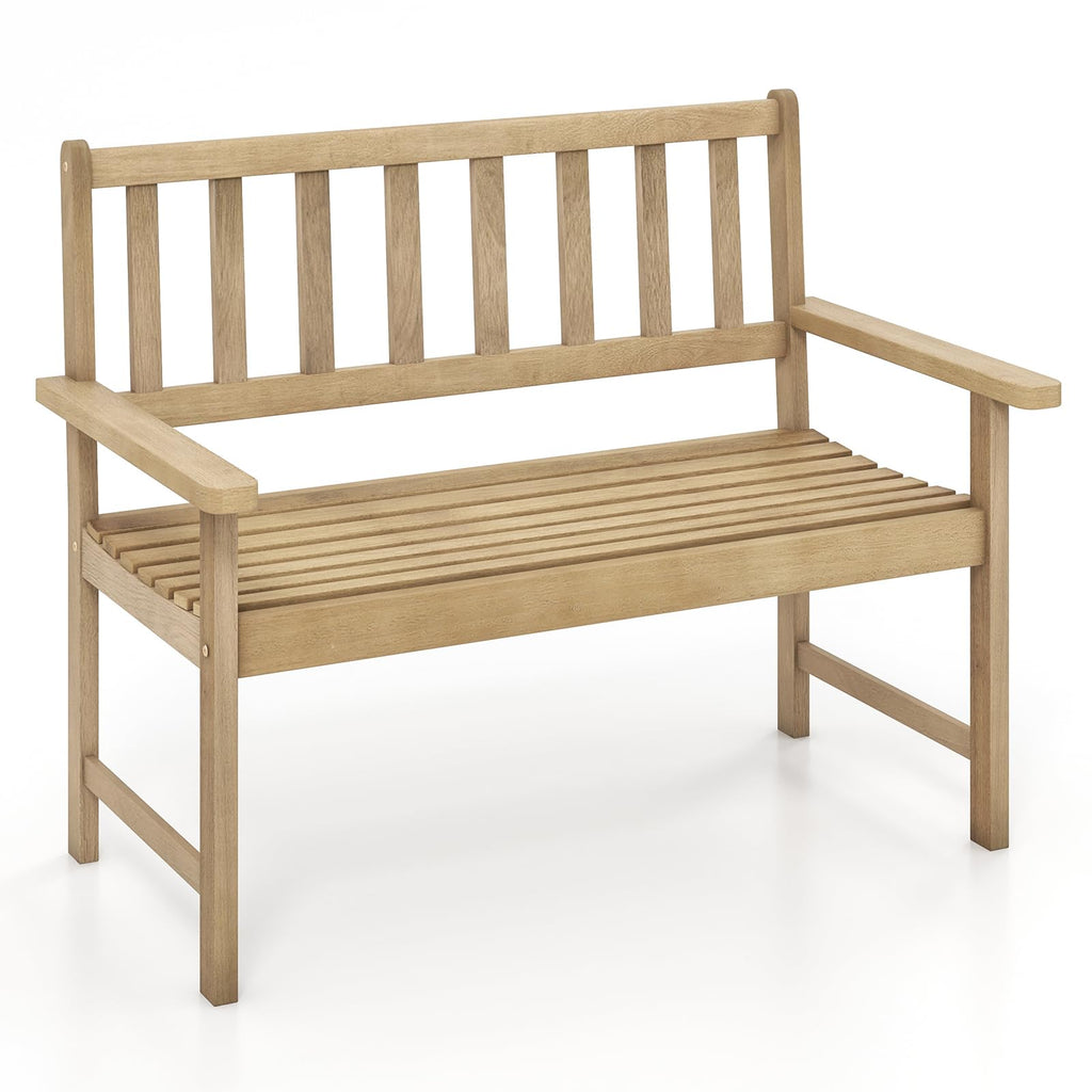 Tangkula Outdoor Garden Bench, 2-Person Eucalyptus Wood Bench with Backrest, Armrests and Slatted Seat, Patio Garden Bench for Yard, Porch, 800 lbs Capacity, Natural