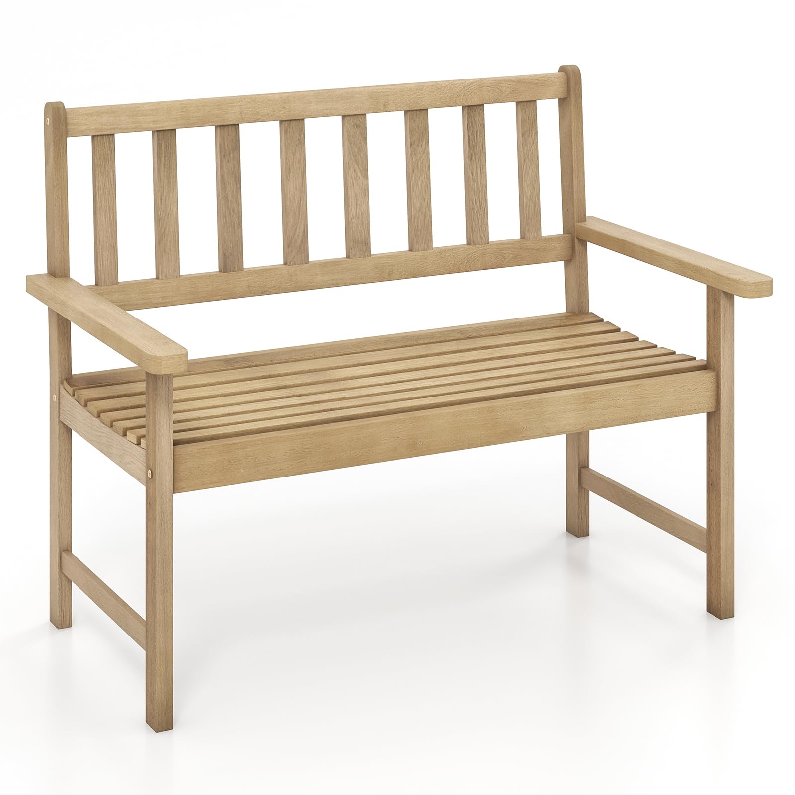 Tangkula Outdoor Garden Bench, 2-Person Eucalyptus Wood Bench with Backrest, Armrests and Slatted Seat, Patio Garden Bench for Yard, Porch, 800 lbs Capacity, Natural