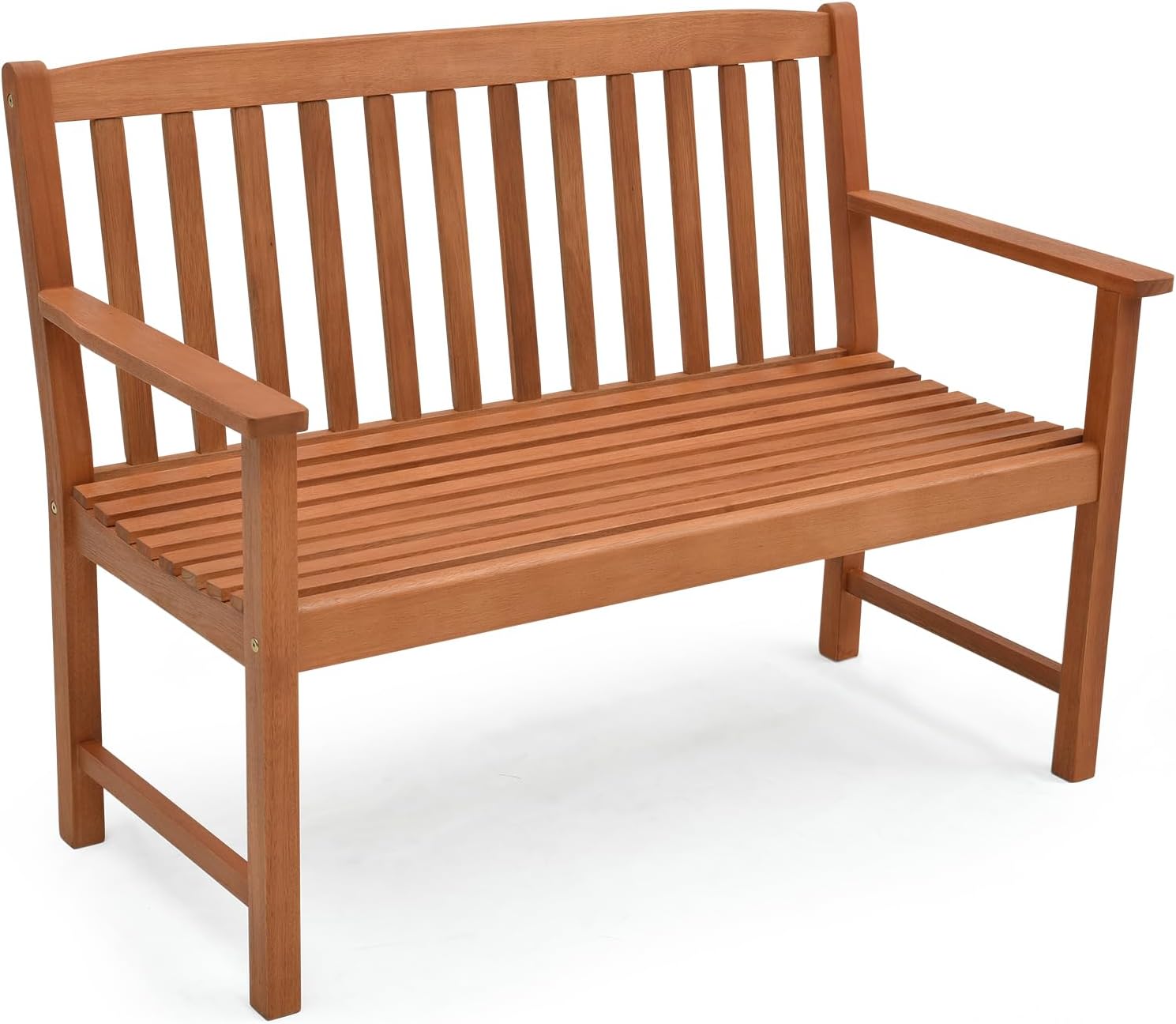 Tangkula Outdoor Garden Bench, 2-Person Eucalyptus Wood Bench with Backrest, Armrests and Slatted Seat, Patio Garden Bench for Yard, Porch, 800 lbs Capacity, Natural