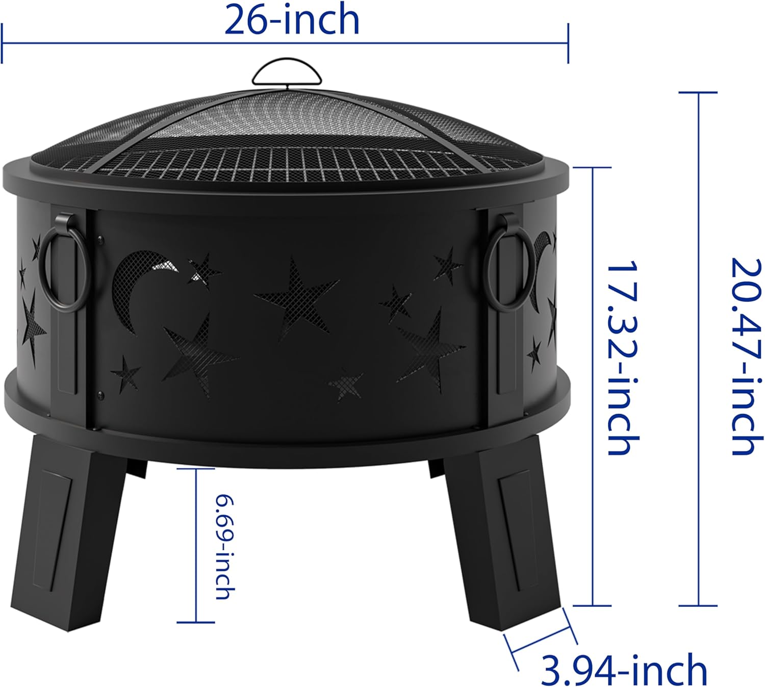 Kingson 26" Outdoor Fire Pit with Grill & Mesh Cover, Wood Burning Steel Firepit with Poker & Star Spark Screen, Heavy Duty Patio Fire Bowl for Backyard, Camping & Garden