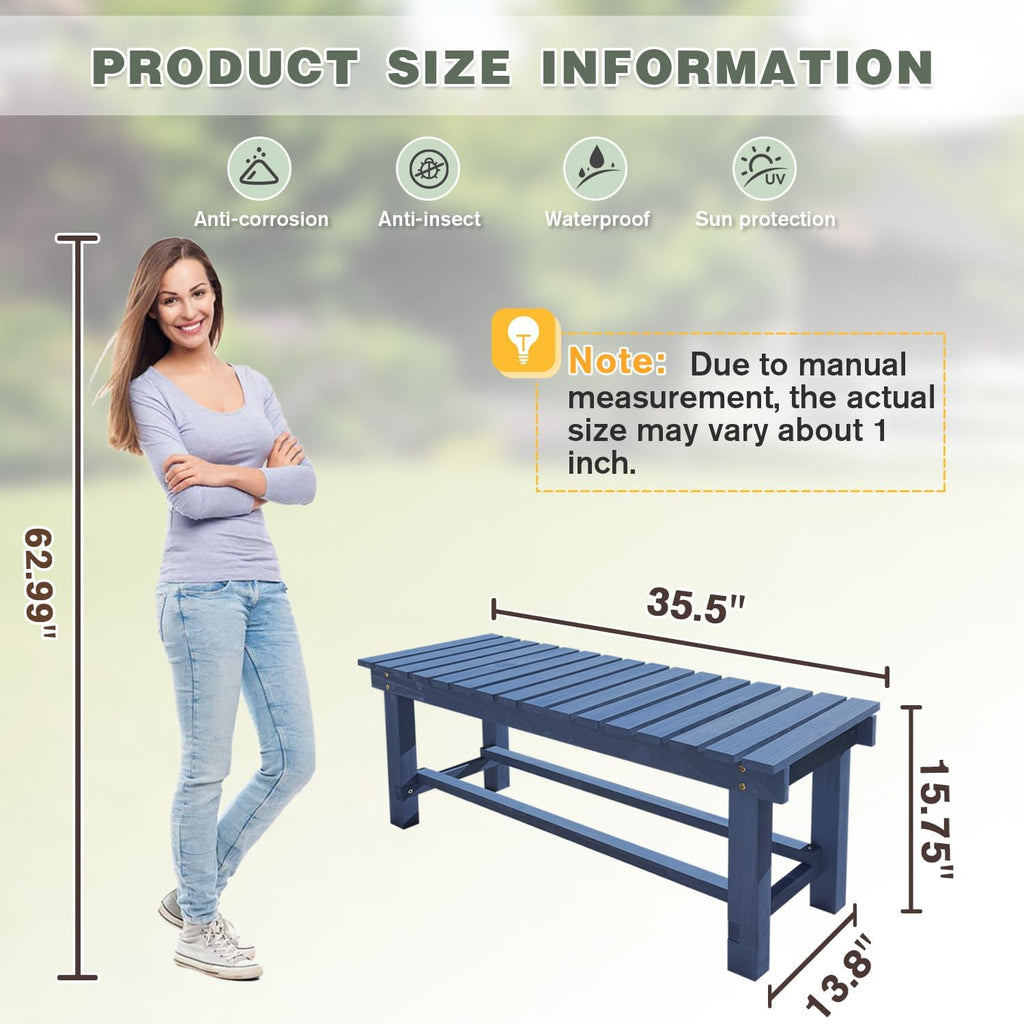 Outdoor Garden Wood Bench, 2-Person Weatherproof Wooden Bench Park Narrow Bench, Never Rot or Fade Waterproof Backless Bench for Entryway, Outdoor, Patio, Porch, Backyard and Park (Blue, 35.5''/90cm)