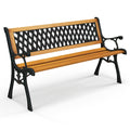 Tangkula Outdoor Garden Bench Park Bench, Patio Iron Bench Chair with Cast Iron & Hardwood Structure, Weather Proof Porch Loveseat, Perfect for Backyard, Deck, Lawn, Poolside