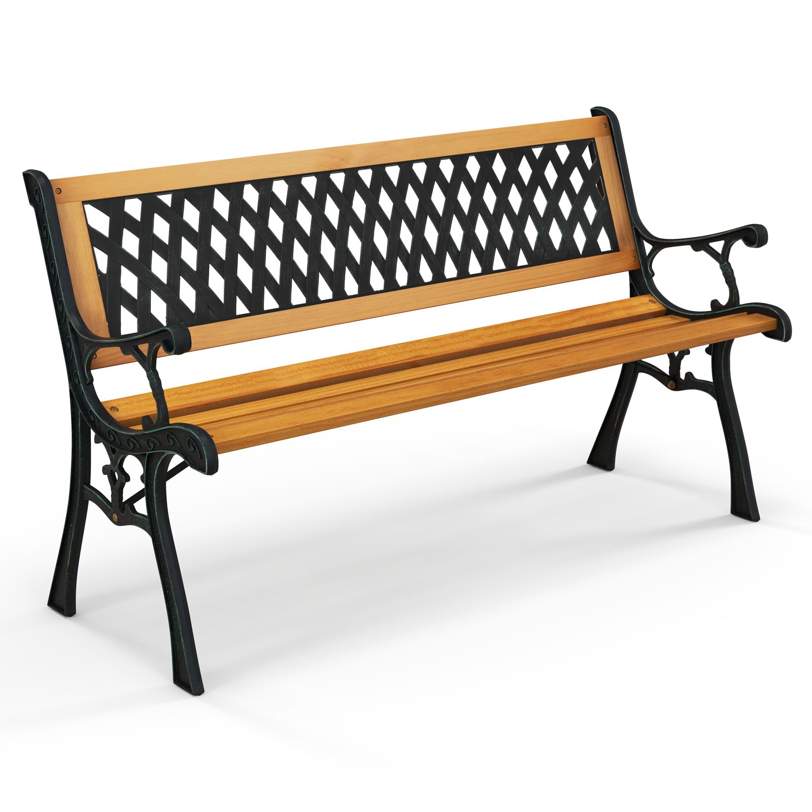 Tangkula Outdoor Garden Bench Park Bench, Patio Iron Bench Chair with Cast Iron & Hardwood Structure, Weather Proof Porch Loveseat, Perfect for Backyard, Deck, Lawn, Poolside
