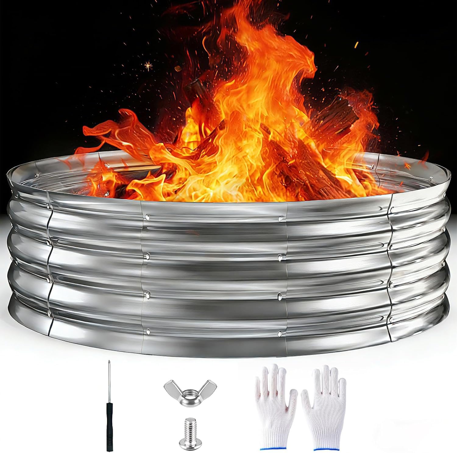 60 Inch Fire Pit Ring 5FT Galvanized Steel, 12" Raised Heavy Duty Wood Burning Fire Pits&Outdoor Fireplace, Heat Resistant Campfire Ring with Spark Guard, for Outdoor Backyard, Patio & Camping Use