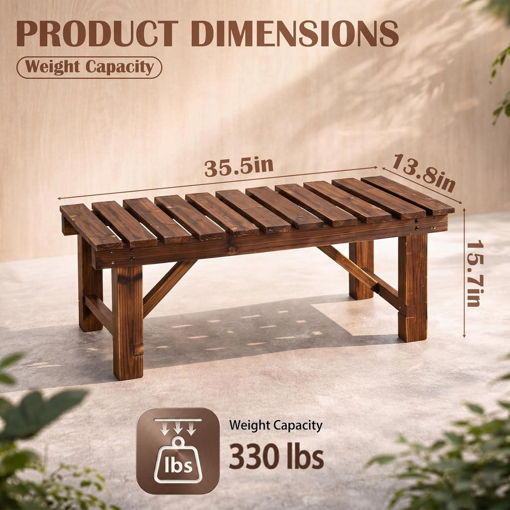 Cinnvoice 35.5 Inch Outdoor Garden Bench 2 Person Wooden Patio Backless Bench Weatherproof Anti Corrosion and Anti Rust Benches for Garden Lawn Porch Park Backyard