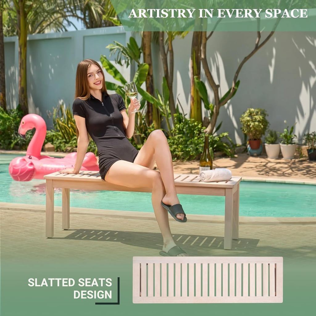 Premium Wooden Backless Bench with Slatted Seat, Eucalyptus Wood Outdoor Patio Garden Bench 52"x16"x17" for Entryway or Indoor Outdoor Seating (Whitewash)