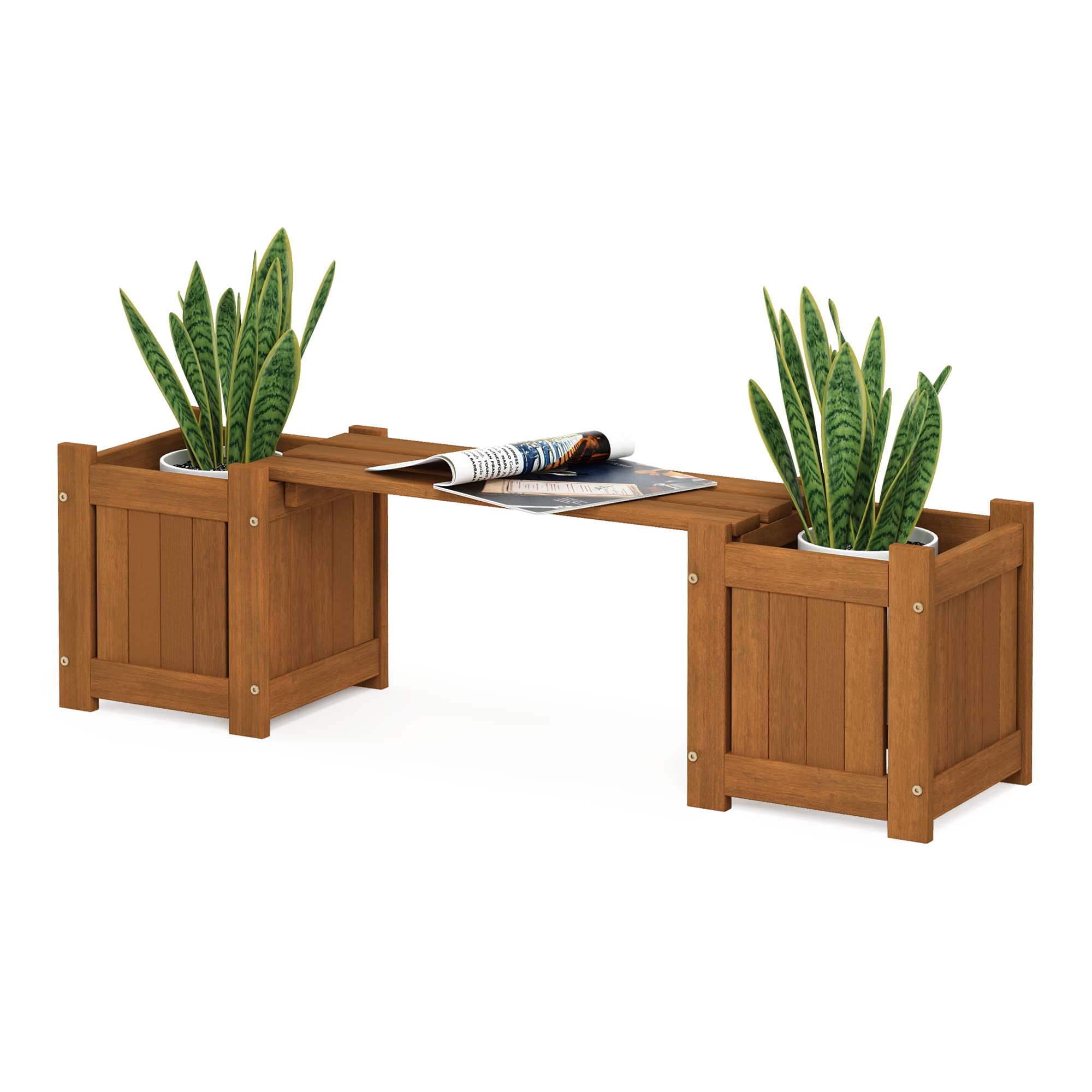 FURINNO FG19455 Tioman Hardwood Outdoor Lifestyle Flowerbox with Bench, Natural