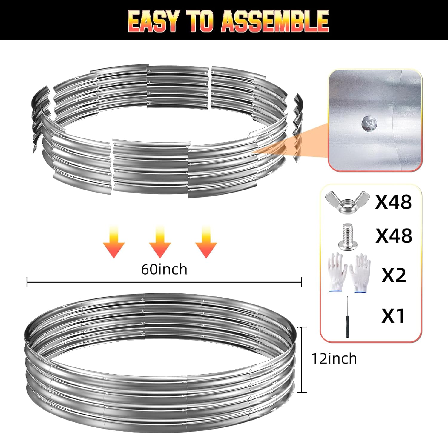 60 Inch Fire Pit Ring 5FT Galvanized Steel, 12" Raised Heavy Duty Wood Burning Fire Pits&Outdoor Fireplace, Heat Resistant Campfire Ring with Spark Guard, for Outdoor Backyard, Patio & Camping Use
