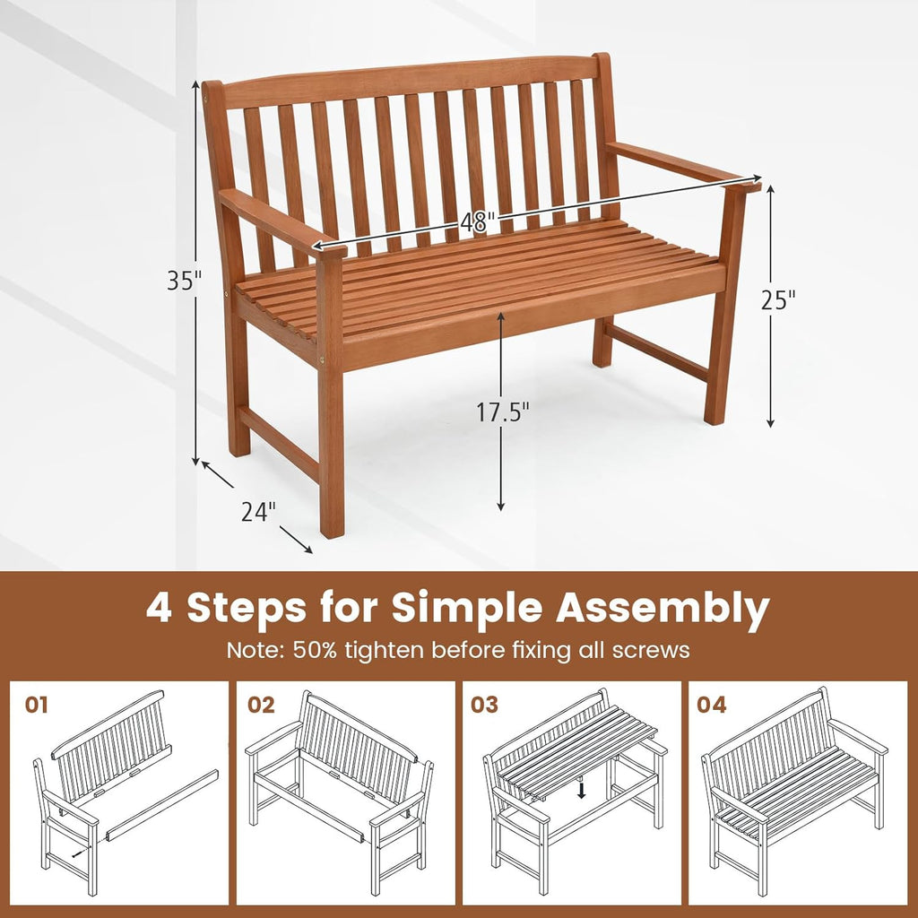 Tangkula Outdoor Garden Bench, 2-Person Eucalyptus Wood Bench with Backrest, Armrests and Slatted Seat, Patio Garden Bench for Yard, Porch, 800 lbs Capacity, Natural