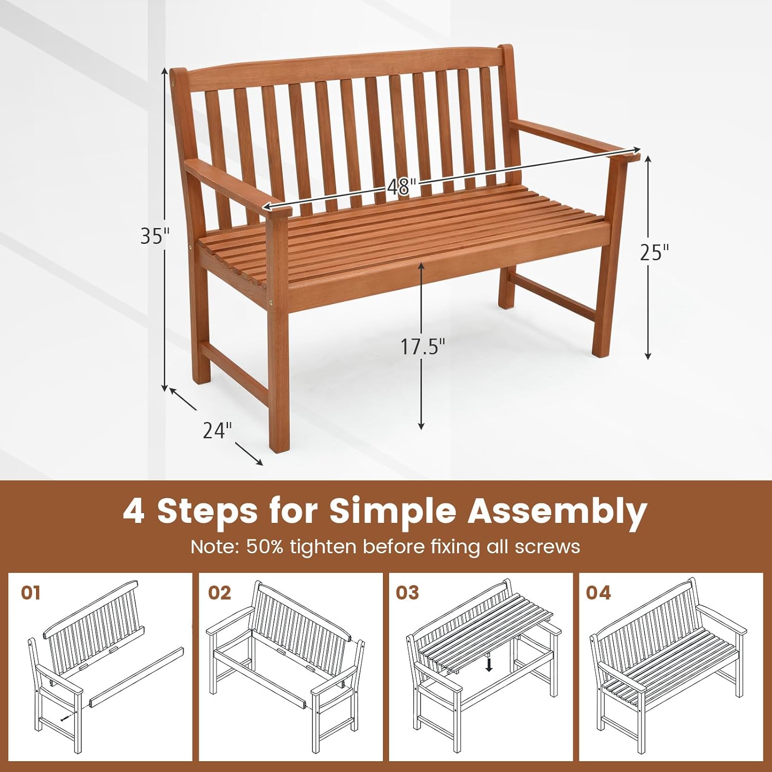 Tangkula Outdoor Garden Bench, 2-Person Eucalyptus Wood Bench with Backrest, Armrests and Slatted Seat, Patio Garden Bench for Yard, Porch, 800 lbs Capacity, Natural