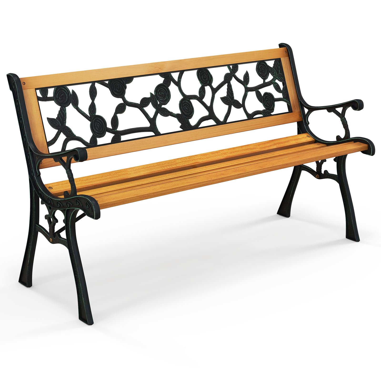 Tangkula Outdoor Garden Bench Park Bench, Patio Iron Bench Chair with Cast Iron & Hardwood Structure, Weather Proof Porch Loveseat, Perfect for Backyard, Deck, Lawn, Poolside