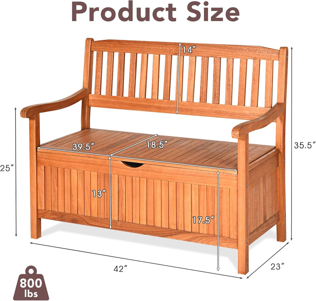 Foldable Outdoor Bench, Garden Bench w/High Back & Armrest, Acacia Wood Bench, 4 FT 2-Person Loveseat Chair for Front Porch, Patio, Backyard & Balcony, Teak Finish (w/Storage, Natural)