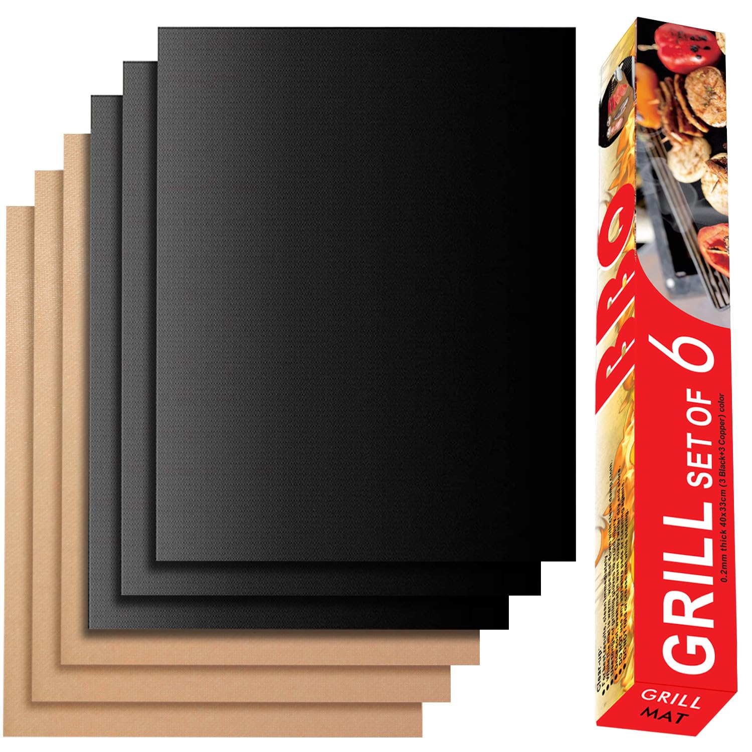 Grill Mat Set of 6-100% Non-Stick Reusable Mats for Gas, Charcoal or Electric Grills - Easy to Clean - 15.75 x 13-Inch, Black