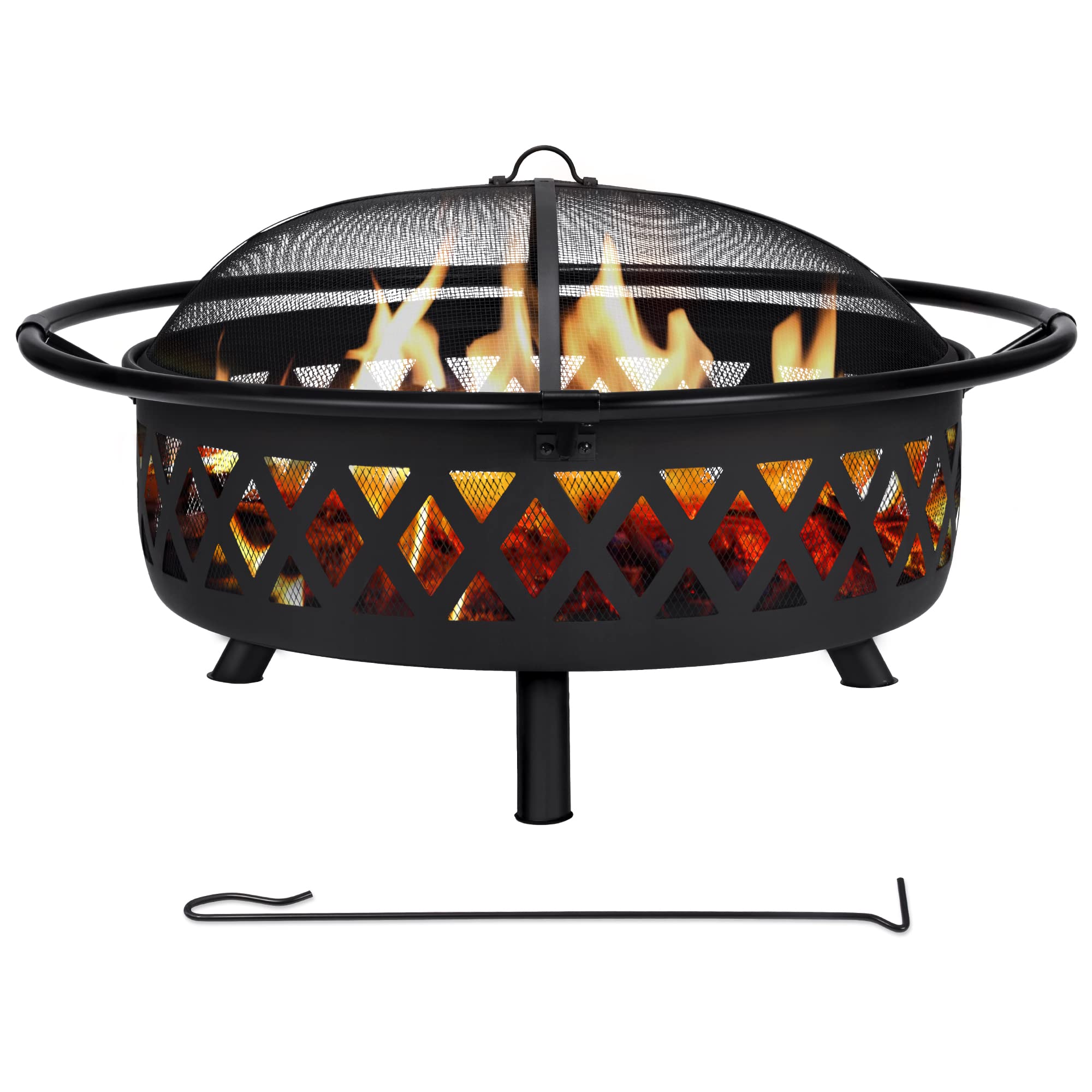 SUNCREAT 42" Outdoor Portable Fire Pit with Spark Screen, Fire Poker, Wood Burning Patio Fire Pits with Protective Ring, Black
