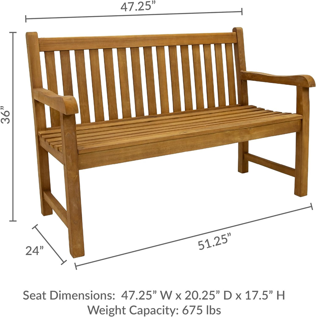 Sunnydaze Outdoor Bench for Patio, Front Porch, or Park - 2-Person Wooden Teak Garden Bench Seat - 675 lb Weight Capacity - 50"