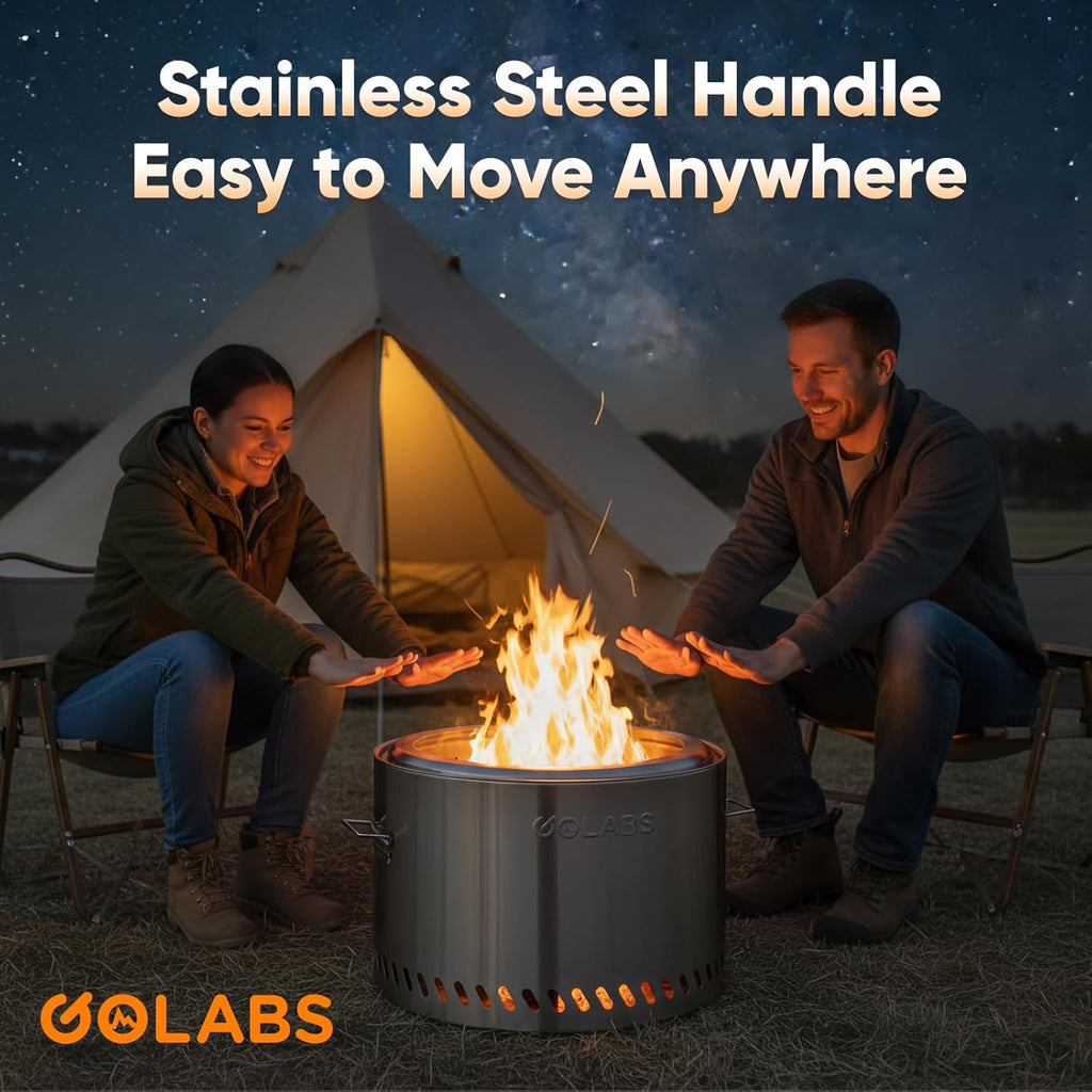 Golabs Smokeless Fire Pit 19.5", Portable with Handle, Stainless Steel Outdoor Firepit with Removable Ash Pan & Fire Poker, Easy to Clean, Efficient Heating & Less Ash, Perfect for Backyard & Camping