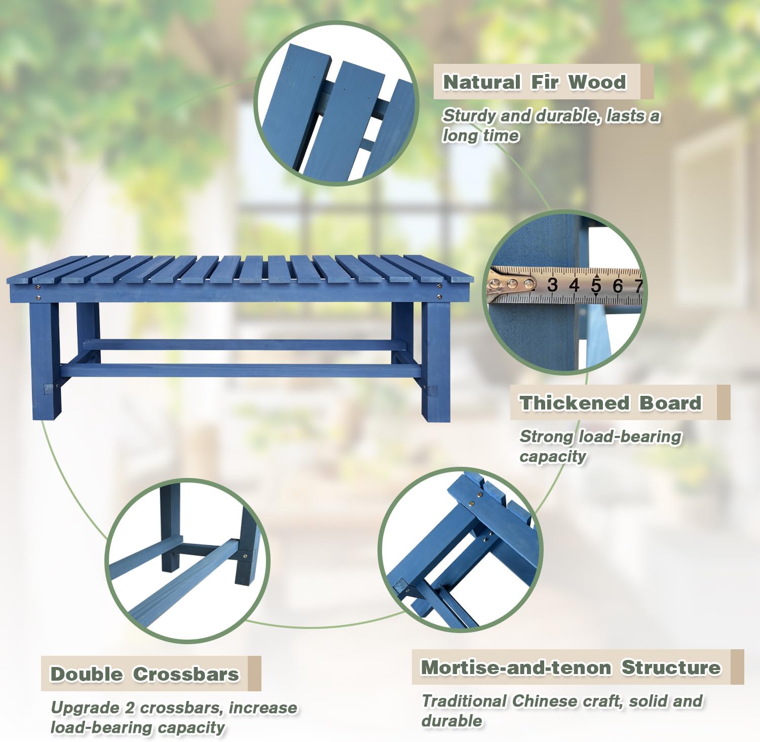 Outdoor Garden Wood Bench, 2-Person Weatherproof Wooden Bench Park Narrow Bench, Never Rot or Fade Waterproof Backless Bench for Entryway, Outdoor, Patio, Porch, Backyard and Park (Blue, 35.5''/90cm)