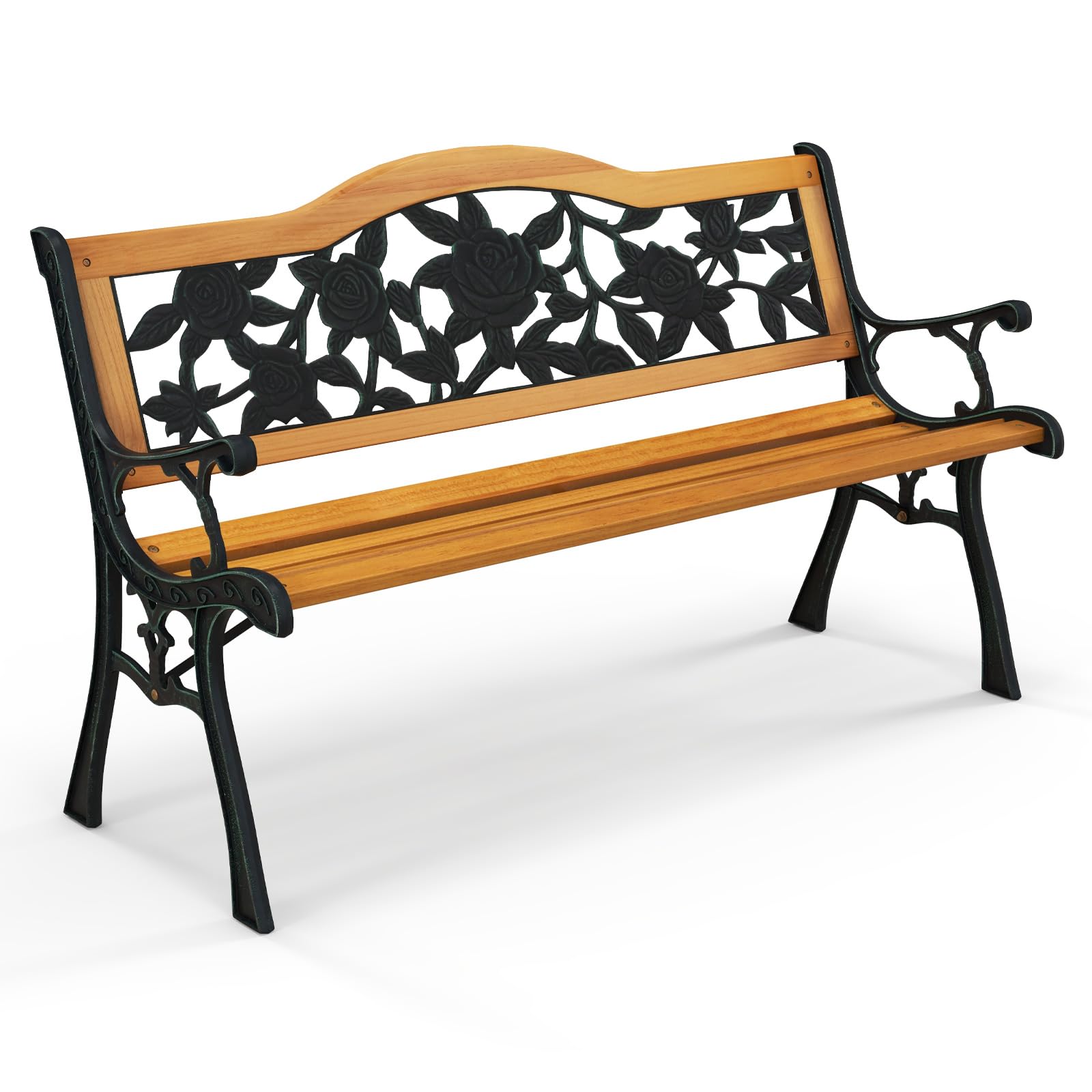 Tangkula Outdoor Garden Bench Park Bench, Patio Iron Bench Chair with Cast Iron & Hardwood Structure, Weather Proof Porch Loveseat, Perfect for Backyard, Deck, Lawn, Poolside