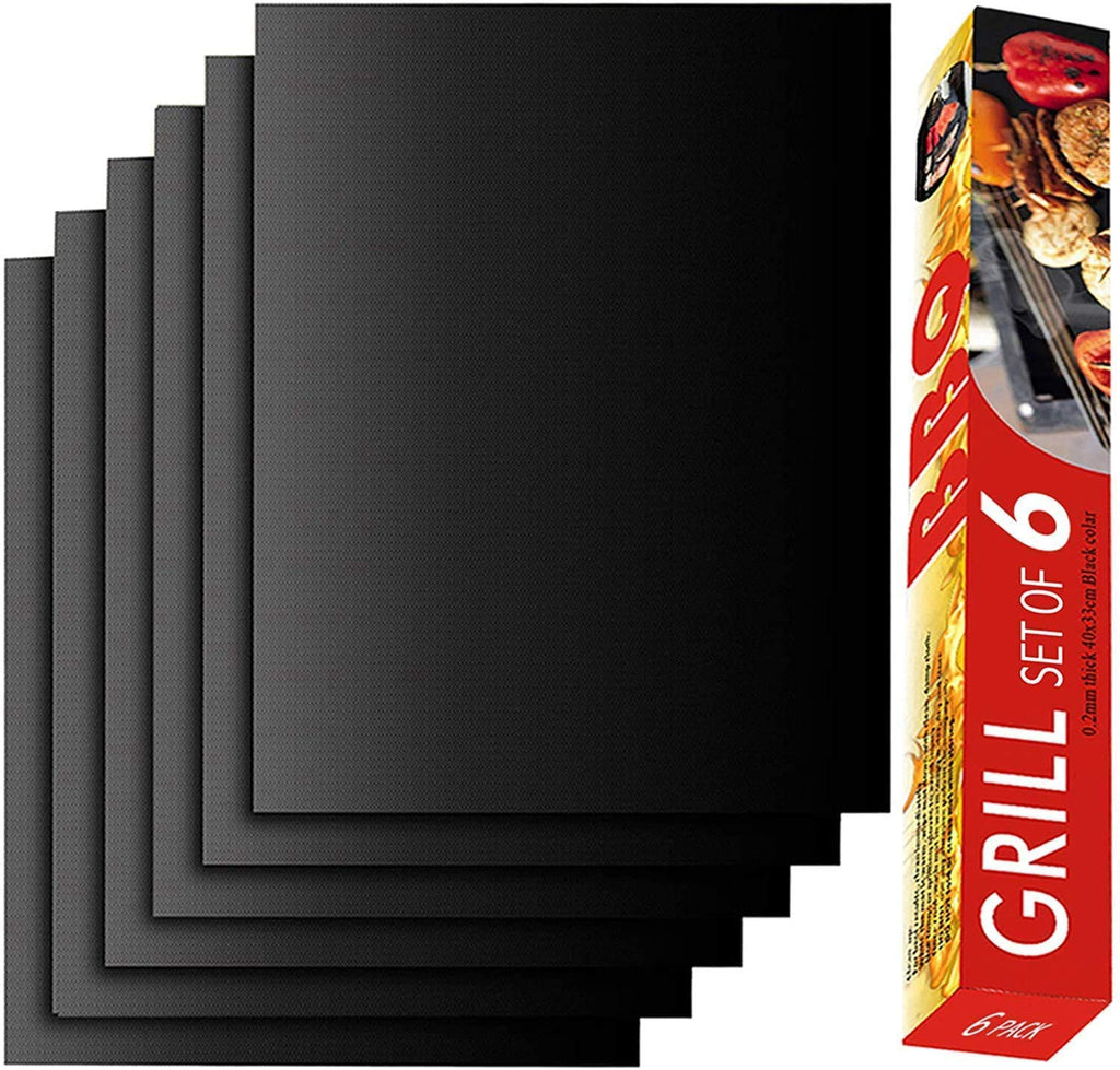 Grill Mat Set of 6-100% Non-Stick Reusable Mats for Gas, Charcoal or Electric Grills - Easy to Clean - 15.75 x 13-Inch, Black