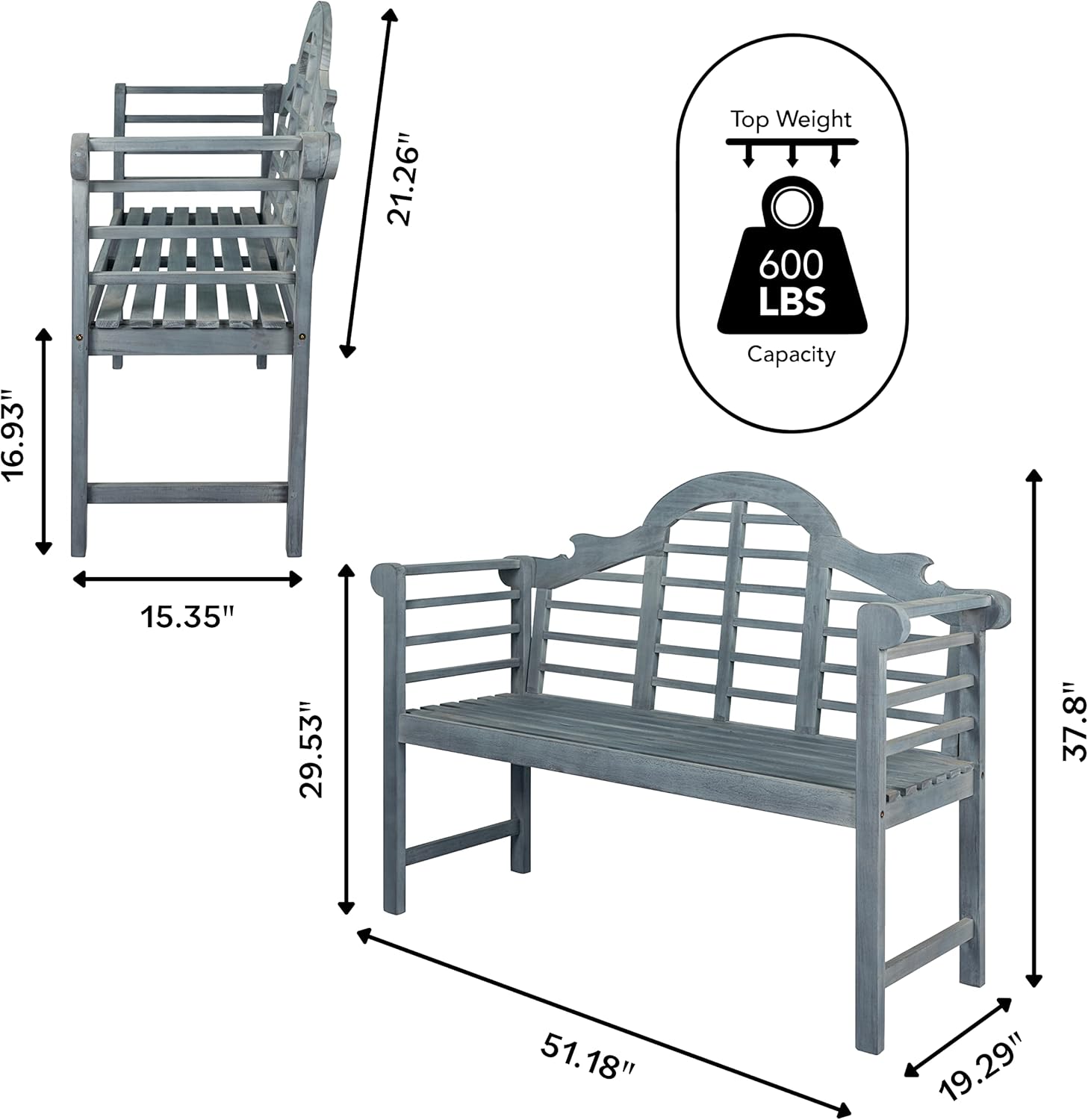 JONATHAN Y BNH103B Lutyens 51.2" 3-Seat Arched 600-Lbs Support Acacia Wood Outdoor Garden Patio Bench for Garden, Lawn, Backyard, Pool, Deck, Beach, Firepit, Gray