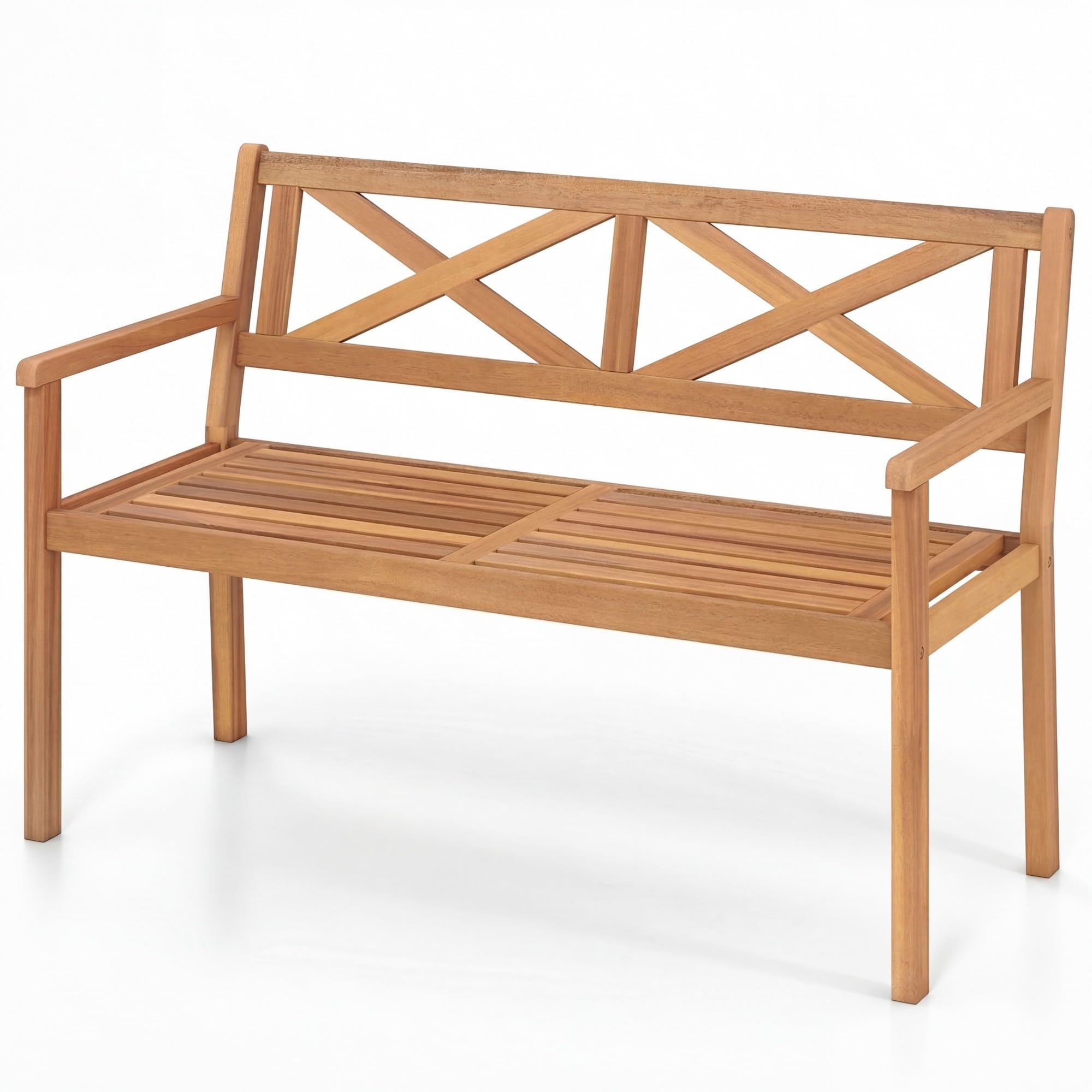 Giantex Outdoor Wooden Garden Bench - 2-Person Acacia Wood Loveseat with Armrests, Backrest, 800lbs Capacity, Patio Park Bench for Backyard, Front Porch Bench (Non-Foldable)
