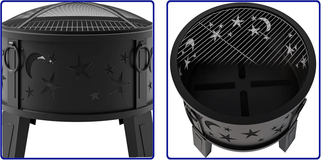 Kingson 26" Outdoor Fire Pit with Grill & Mesh Cover, Wood Burning Steel Firepit with Poker & Star Spark Screen, Heavy Duty Patio Fire Bowl for Backyard, Camping & Garden