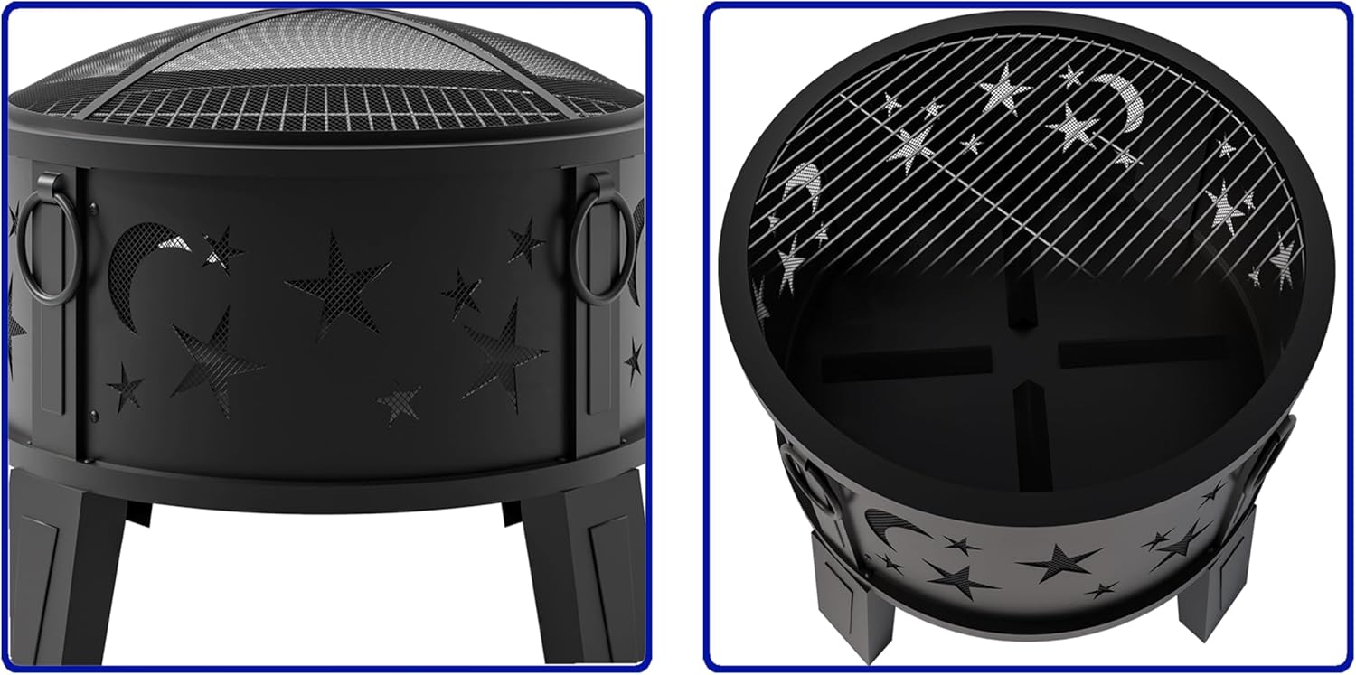 Kingson 26" Outdoor Fire Pit with Grill & Mesh Cover, Wood Burning Steel Firepit with Poker & Star Spark Screen, Heavy Duty Patio Fire Bowl for Backyard, Camping & Garden
