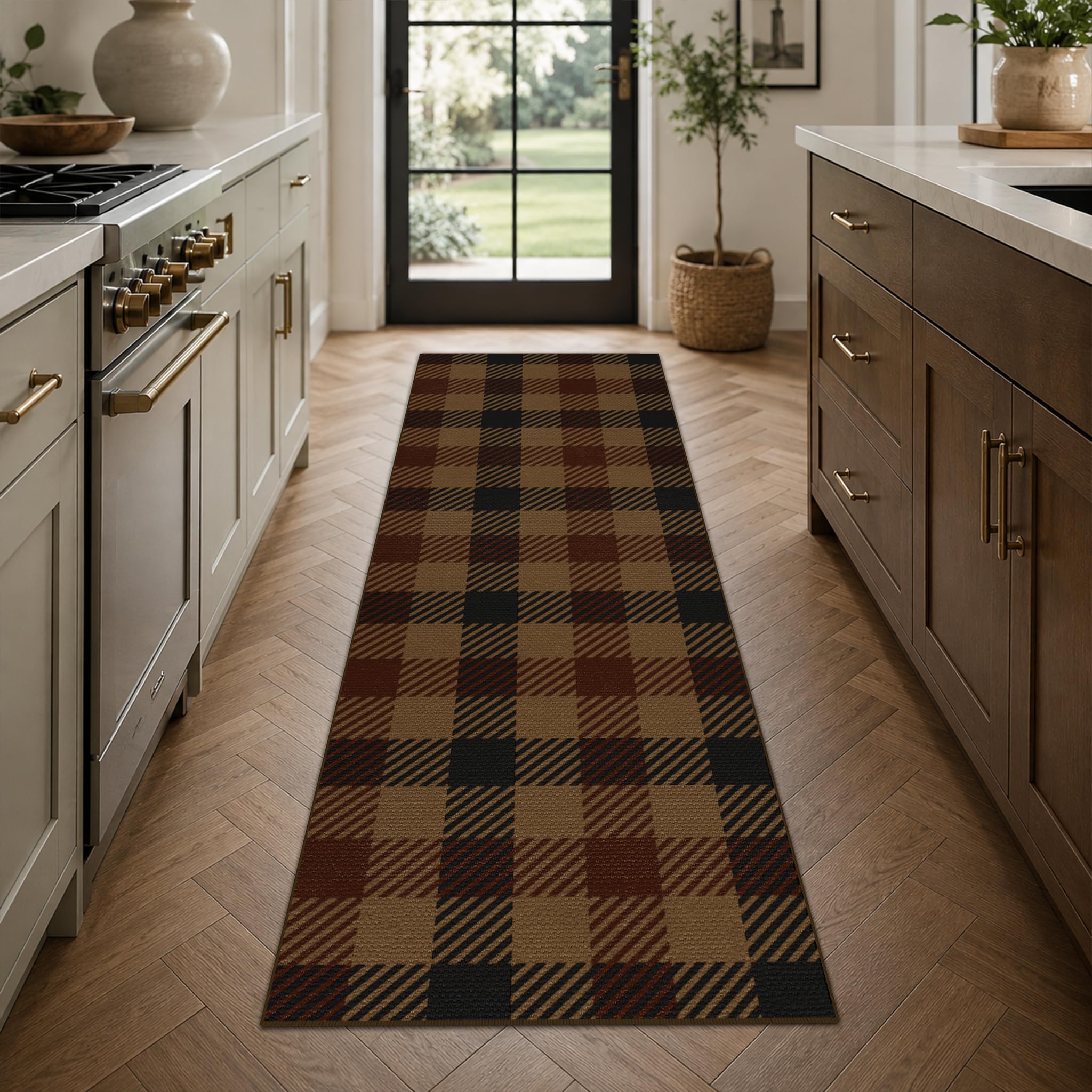 Washable Plaid Indoor Outdoor Rug 3x5 for Front Porch, Entryway, Patio, No Shed Easy Jute Non Slip TPR Backing Area Rug for Large Kitchen, Farmhouse Black & Tan Checkered Seegrass Aesthetic