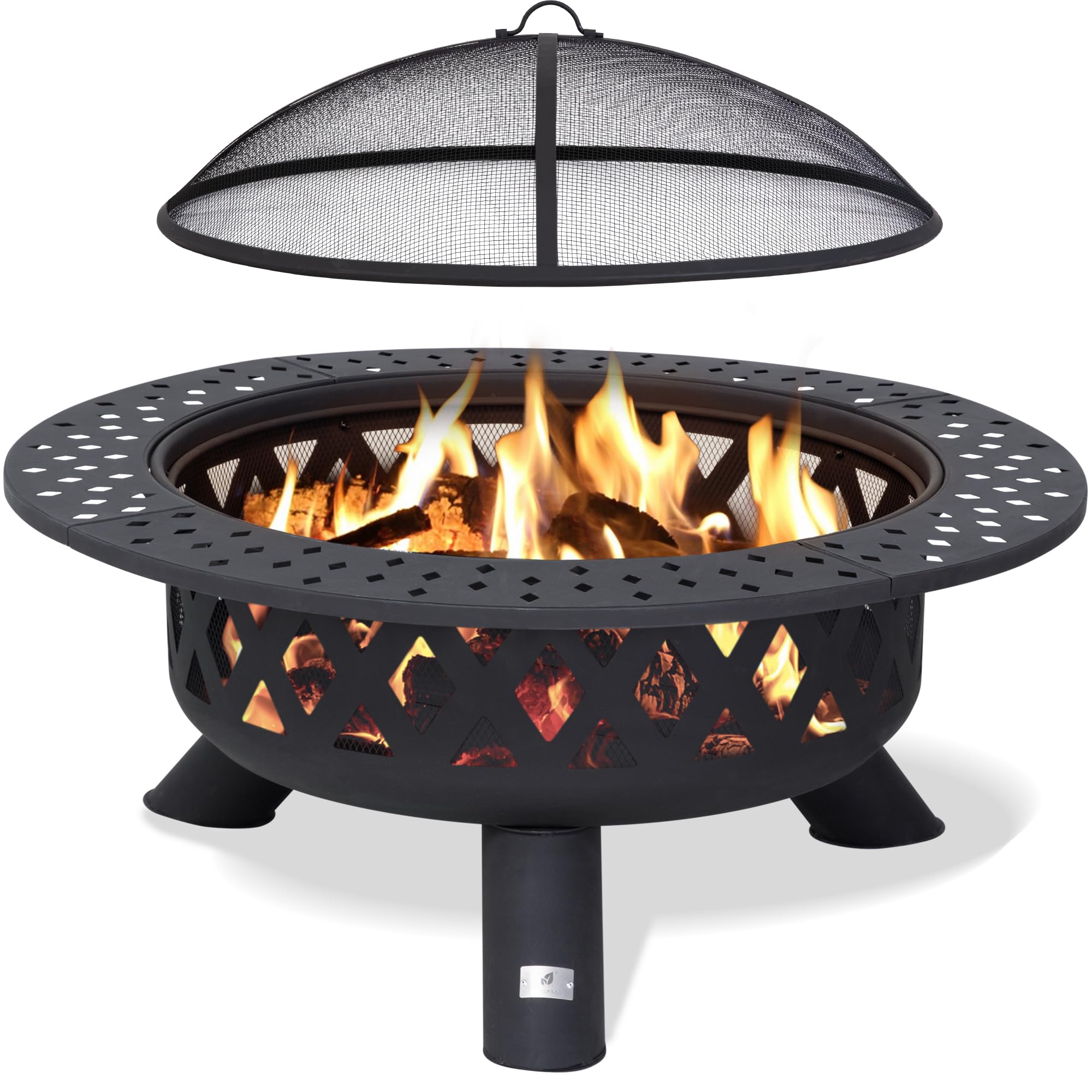 SUNCREAT 42” Patio Fire Pit Wood Burning with Mesh Spark Screen, Bonfire Outdoor firepit with Fireplace Poker, Black