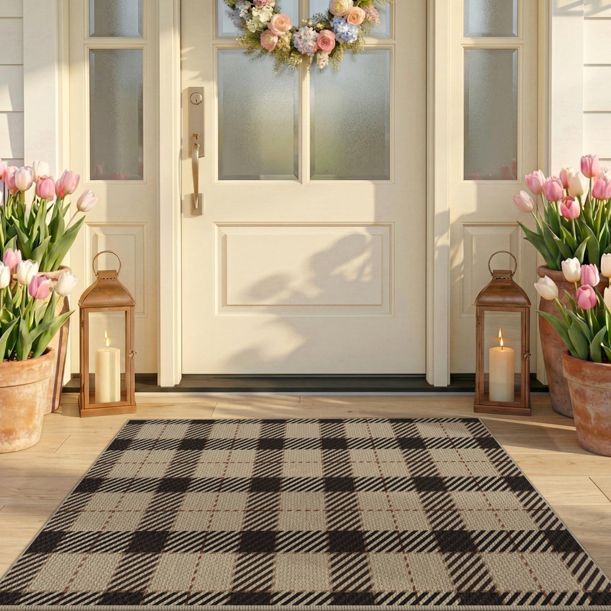 Washable Plaid Indoor Outdoor Rug 3x5 for Front Porch, Entryway, Patio, No Shed Easy Jute Non Slip TPR Backing Area Rug for Large Kitchen, Farmhouse Black & Tan Checkered Seegrass Aesthetic