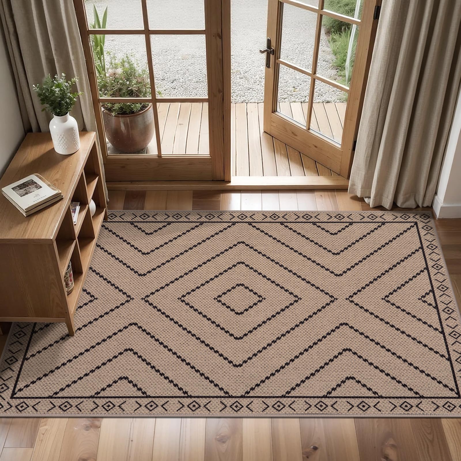 Tangsoo Rainbow Easy Jute Rug 5x7 Large Washable Area Rug for Living Room,Black Non-Slip Thin Outdoor Rug,Modern Farmhouse Indoor Carpet for Dining Room Table Bedroom Patio