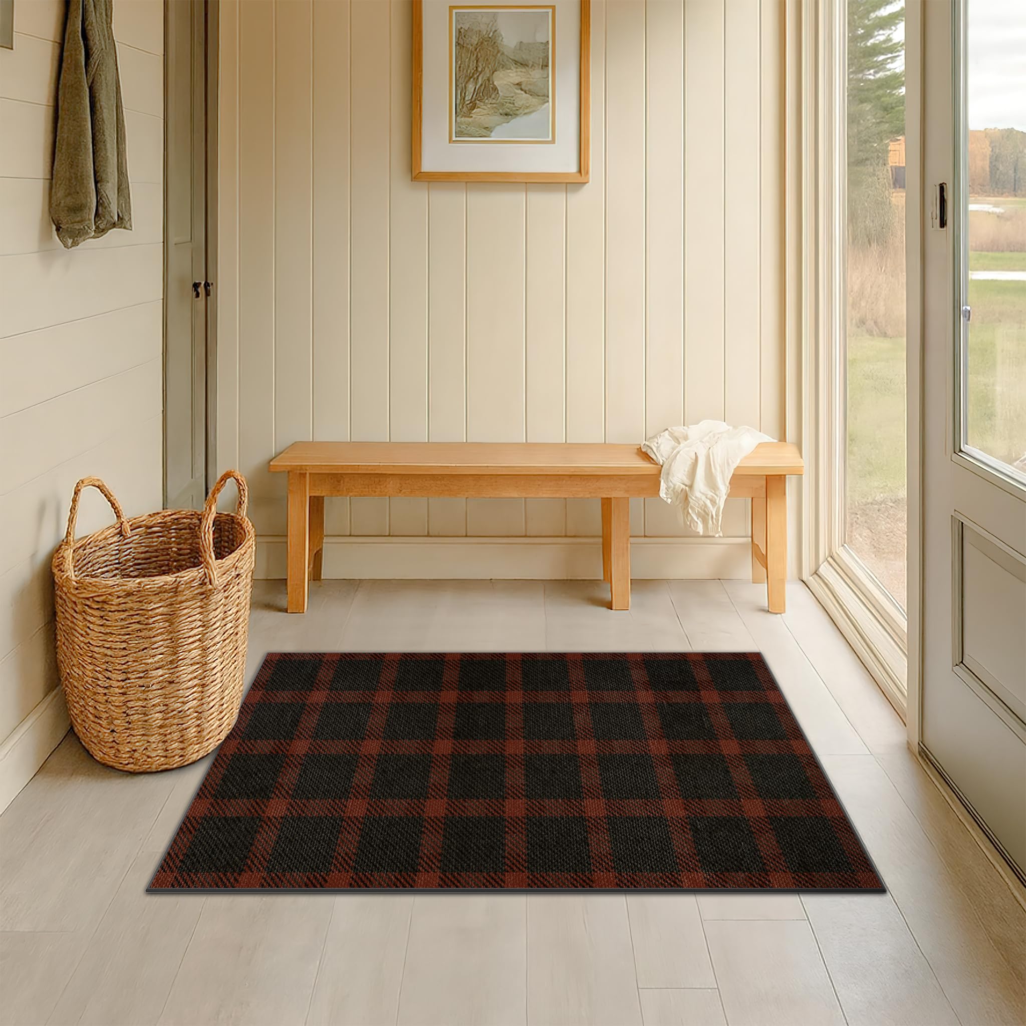 Washable Plaid Indoor Outdoor Rug 3x5 for Front Porch, Entryway, Patio, No Shed Easy Jute Non Slip TPR Backing Area Rug for Large Kitchen, Farmhouse Black & Tan Checkered Seegrass Aesthetic