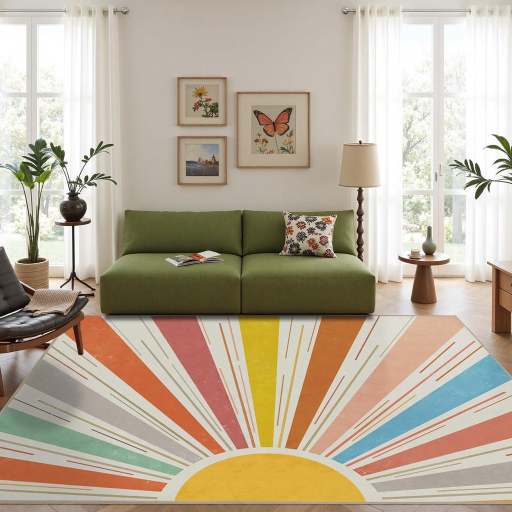 Multicolored Outdoor Indoor Area Rug Boho Sun Rainbow Washable Outdoor Patio Rugs Medieval Aesthetic Vintage Abstract Art Non-Slip Carpet for Living Room, Patio, Porch, Pool Deck (5x8)