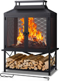 Metal Outdoor Fireplace for Patio - 39" H Square Chiminea Fire Pits Outside Wood Burning with Grill, Mesh Spark Screen & Fire Poker, for Garden, Backyard, Party, Camping, Picnic, BBQ, Bonfire