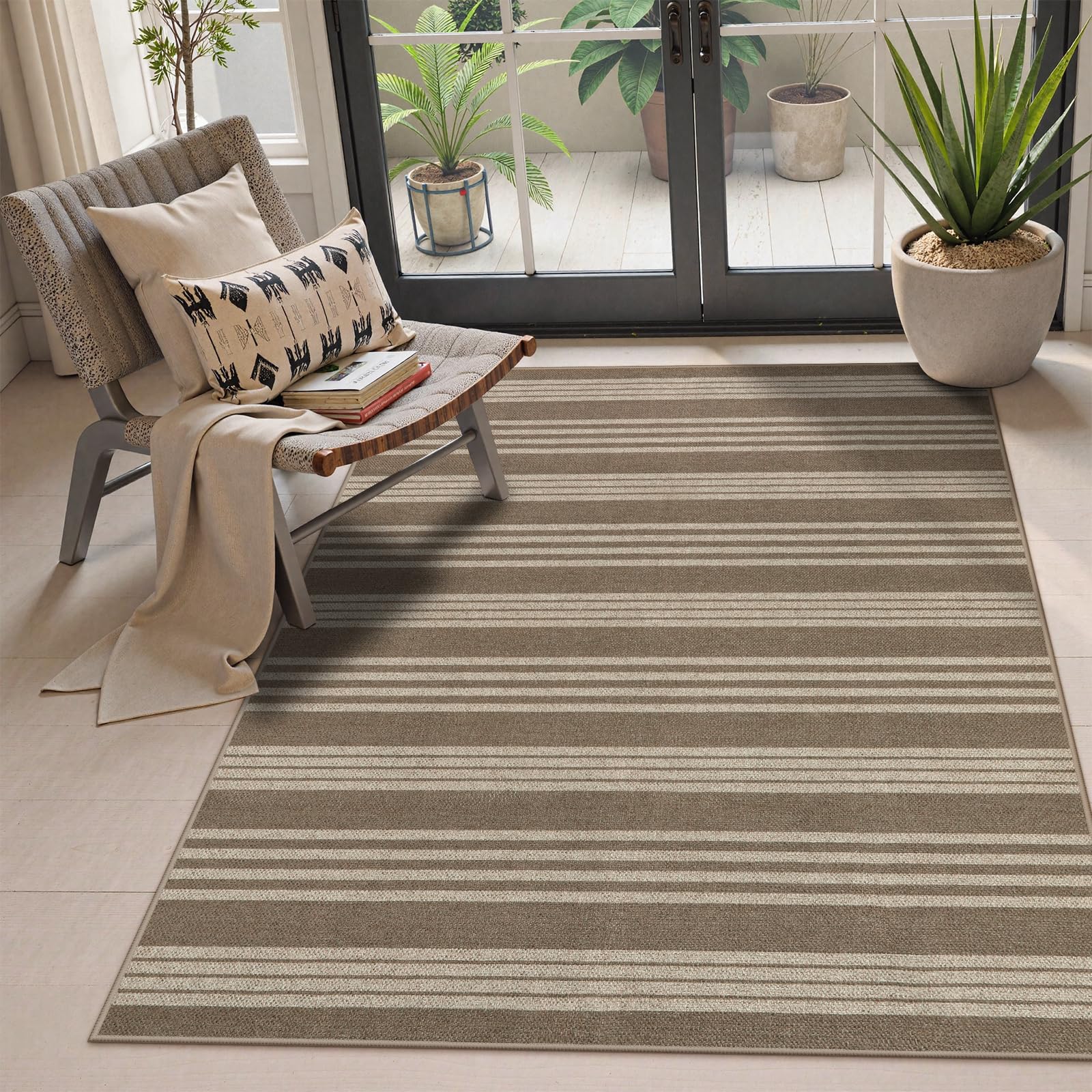 Lahome Striped Easy Jute Outdoor Patio Rug, 3x5 Washable Rugs for Entryway Porch, Farmhouse Neutral Non Shedding Indoor Outdoor Carpet for Entry Kitchen Guestroom Deck Foyer