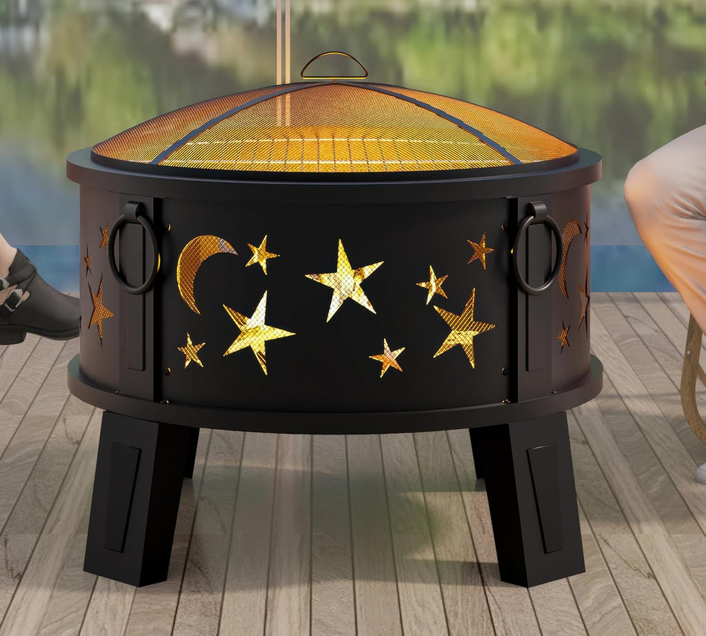 Kingson 26" Outdoor Fire Pit with Grill & Mesh Cover, Wood Burning Steel Firepit with Poker & Star Spark Screen, Heavy Duty Patio Fire Bowl for Backyard, Camping & Garden