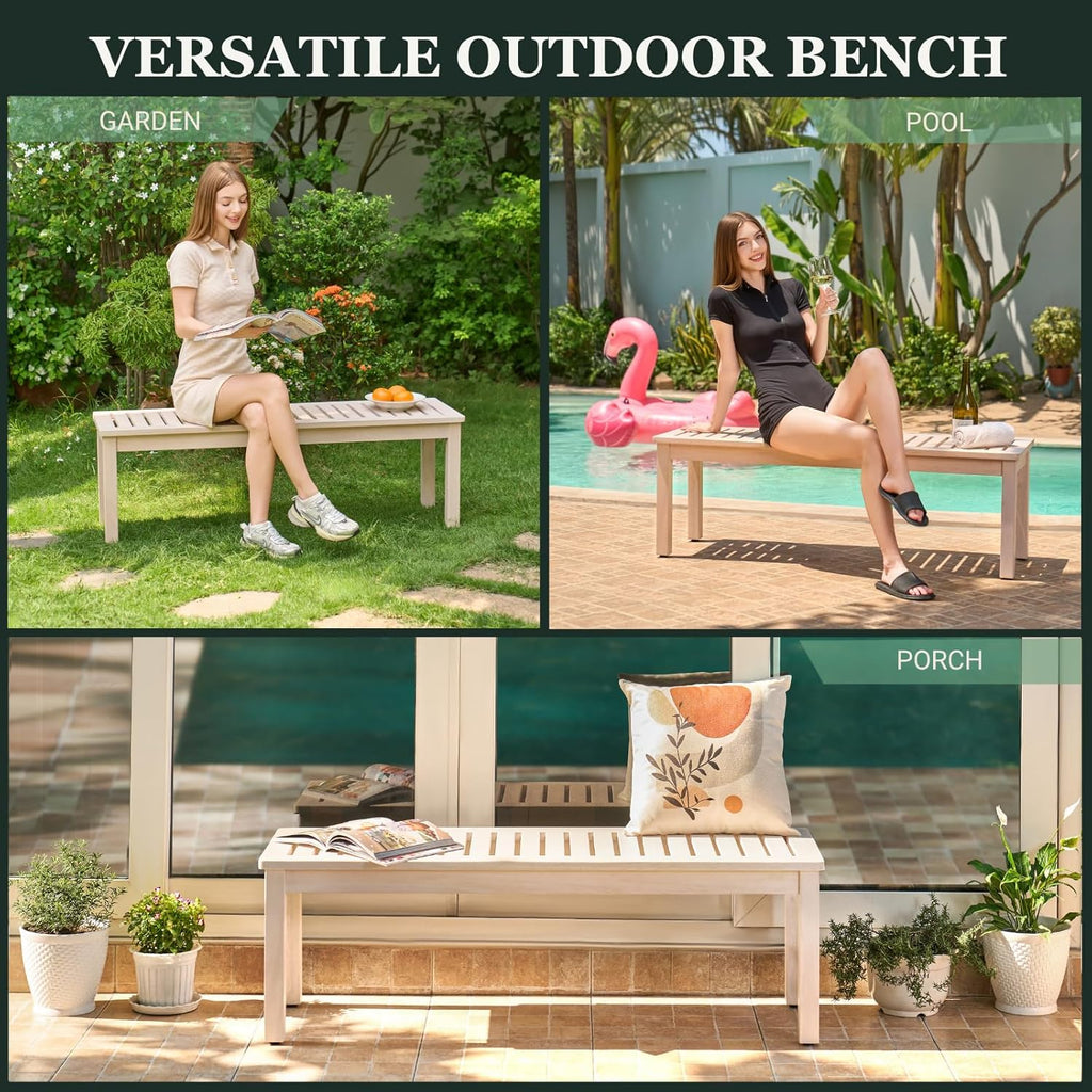 Premium Wooden Backless Bench with Slatted Seat, Eucalyptus Wood Outdoor Patio Garden Bench 52"x16"x17" for Entryway or Indoor Outdoor Seating (Whitewash)