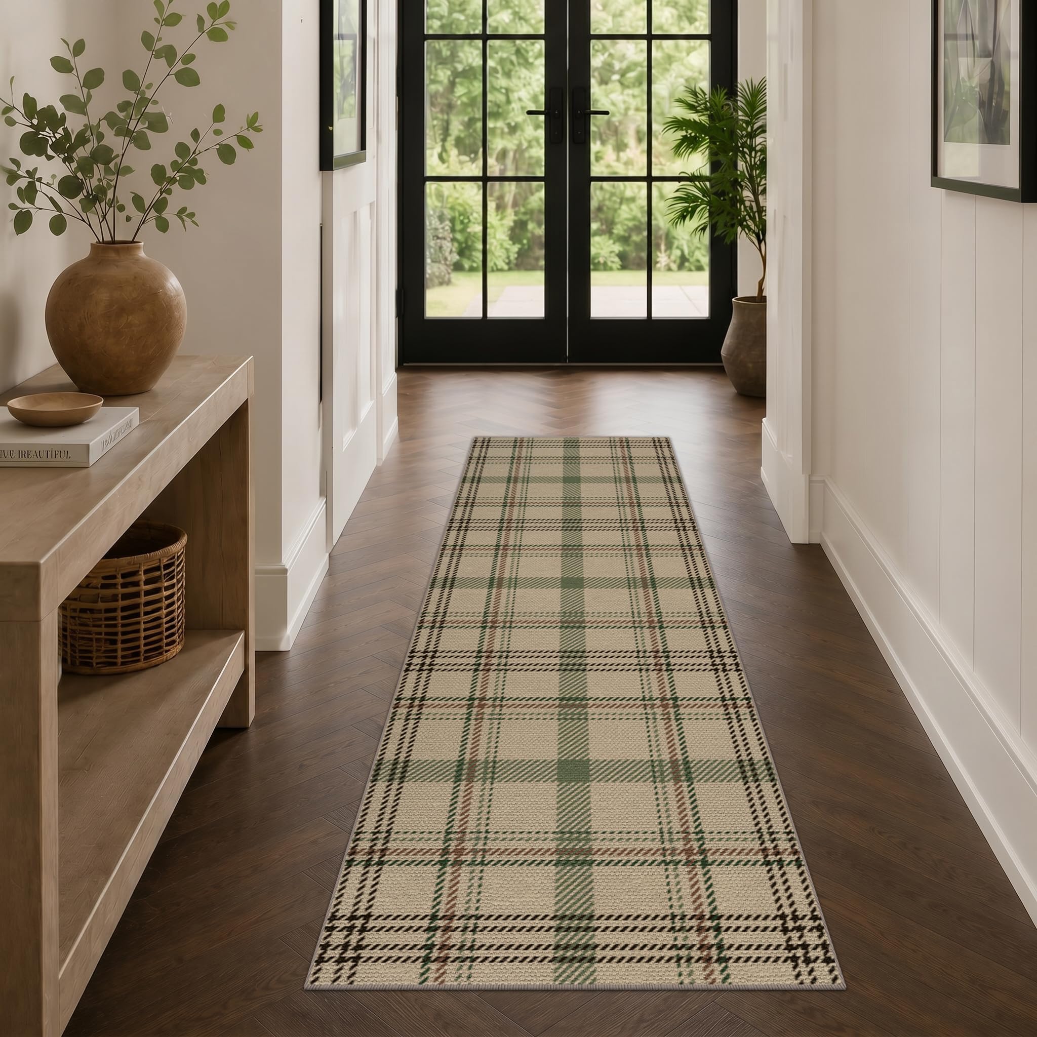 Washable Plaid Indoor Outdoor Rug 3x5 for Front Porch, Entryway, Patio, No Shed Easy Jute Non Slip TPR Backing Area Rug for Large Kitchen, Farmhouse Black & Tan Checkered Seegrass Aesthetic