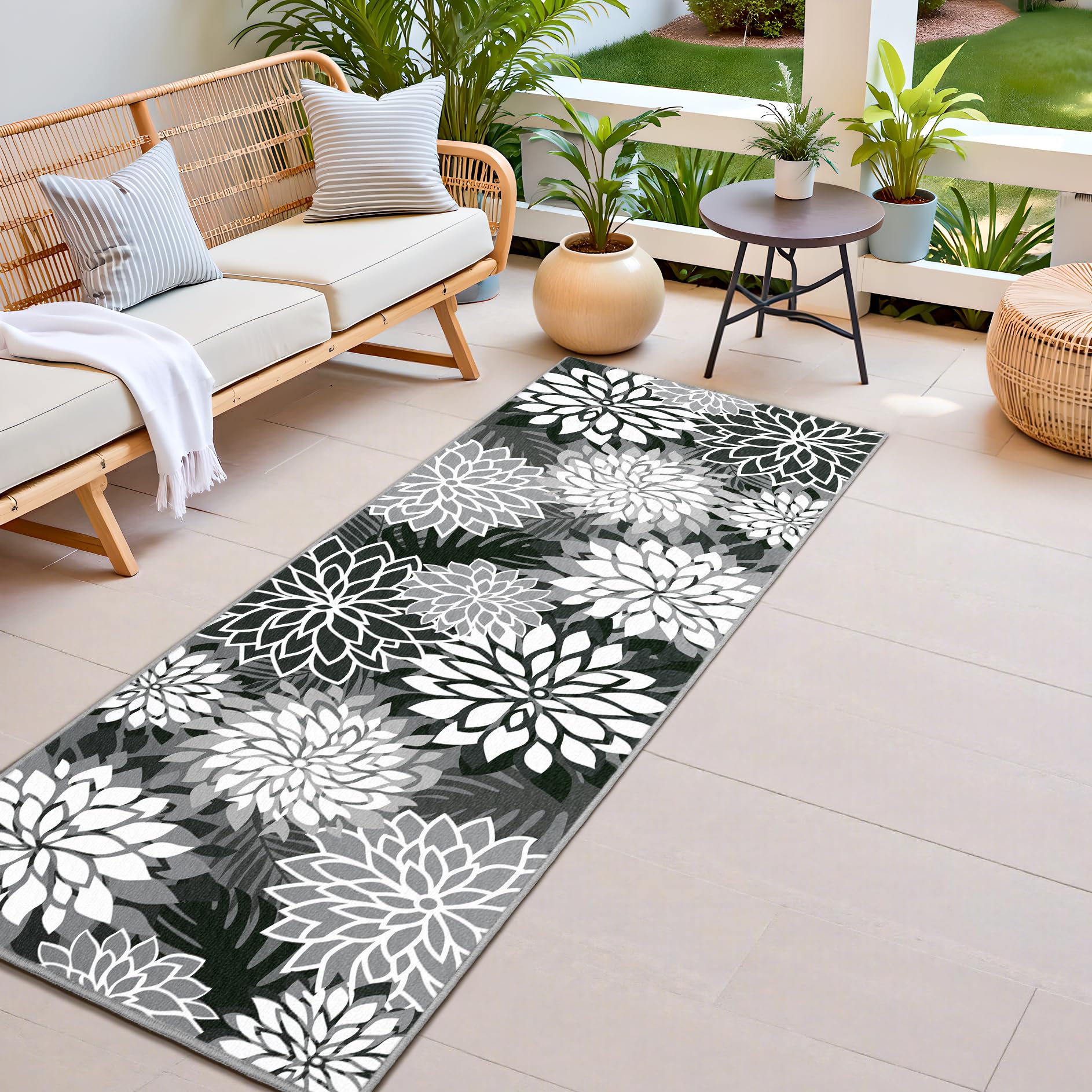 Colorful 5x8 Outdoor Area Rug Washable Multicolored Patio Rug Tropical Botanical Floral Chenille Waterproof Outdoor Carpet for Living Room, Deck, Backyard, Porch, Rainbow
