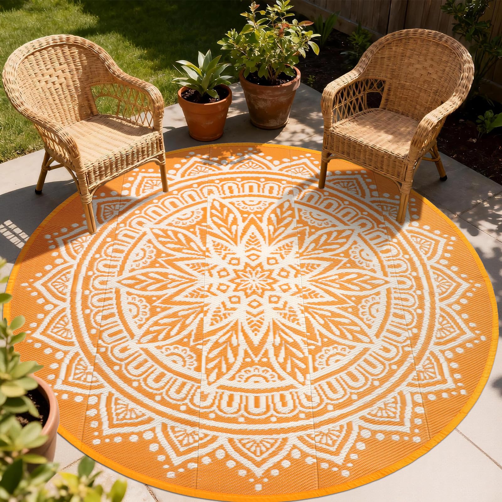 Round Outdoor Rugs 8Ft Waterproof, Outdoor Reversible Mats, Lightweight Plastic Straw Rug, Portable RV Camping Mat Floor Carpets for Deck Porch Picnic Beach Garden, Black/Camel