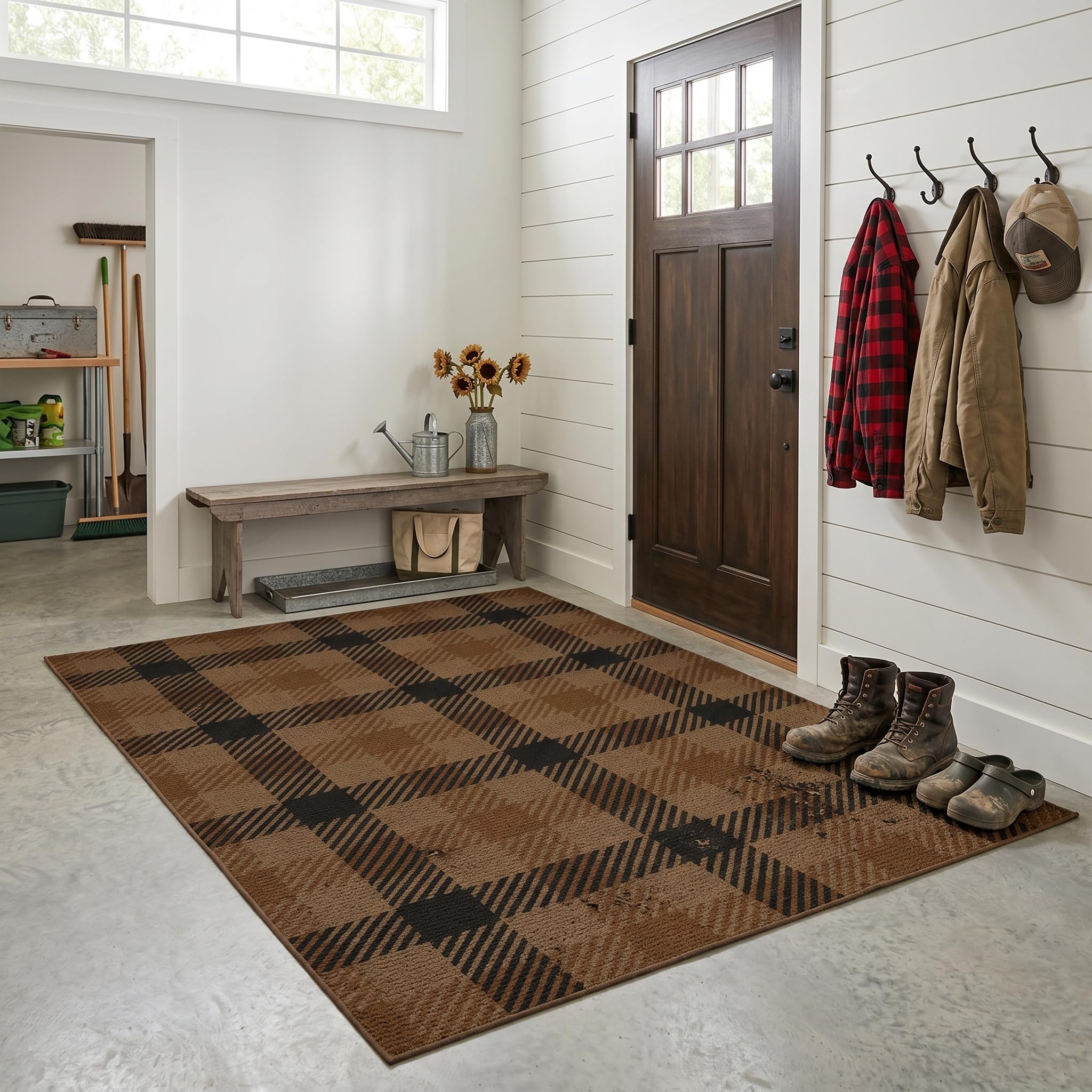 Washable Plaid Indoor Outdoor Rug 3x5 for Front Porch, Entryway, Patio, No Shed Easy Jute Non Slip TPR Backing Area Rug for Large Kitchen, Farmhouse Black & Tan Checkered Seegrass Aesthetic