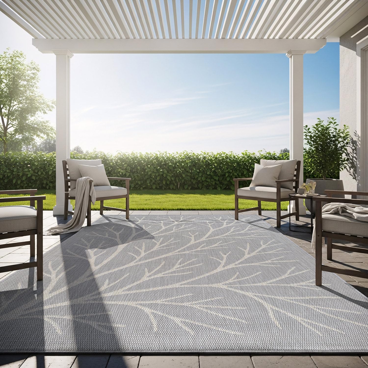 Washable Indoor Outdoor Rug 6x9 Modern Area Rugs Branch Pattern Non Shedding Waterproof Easy Clean Patio Deck Porch Living Room Bedroom Garden RV (6 X 9 Blue)