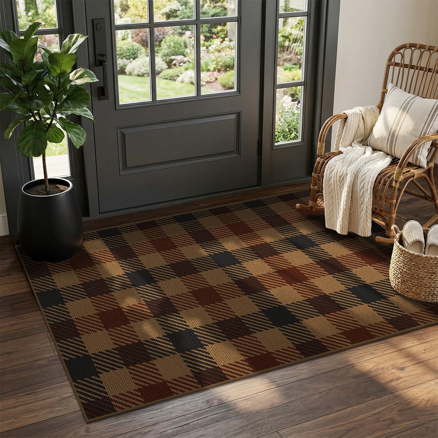 Washable Plaid Indoor Outdoor Rug 3x5 for Front Porch, Entryway, Patio, No Shed Easy Jute Non Slip TPR Backing Area Rug for Large Kitchen, Farmhouse Black & Tan Checkered Seegrass Aesthetic