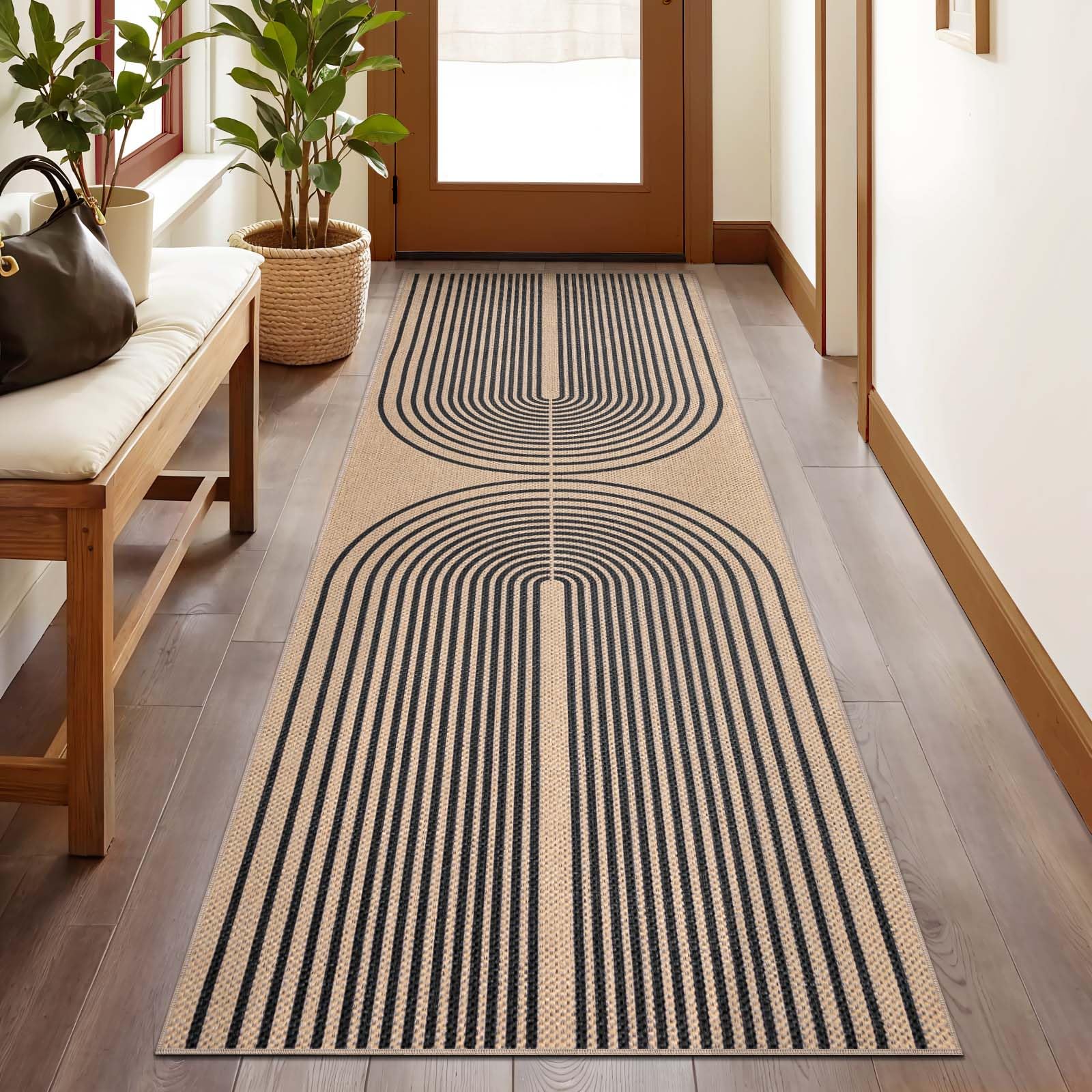 Tangsoo Rainbow Easy Jute Rug 5x7 Large Washable Area Rug for Living Room,Black Non-Slip Thin Outdoor Rug,Modern Farmhouse Indoor Carpet for Dining Room Table Bedroom Patio