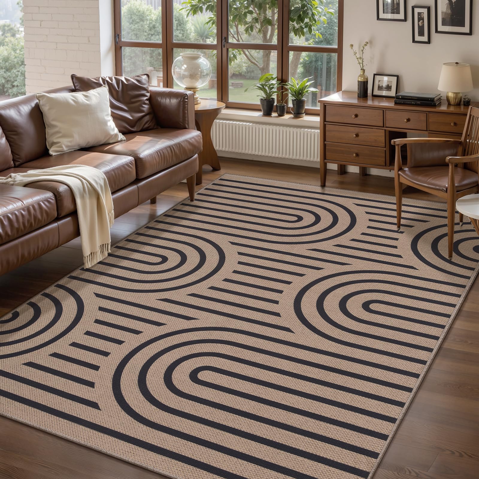 Tangsoo Rainbow Easy Jute Rug 5x7 Large Washable Area Rug for Living Room,Black Non-Slip Thin Outdoor Rug,Modern Farmhouse Indoor Carpet for Dining Room Table Bedroom Patio