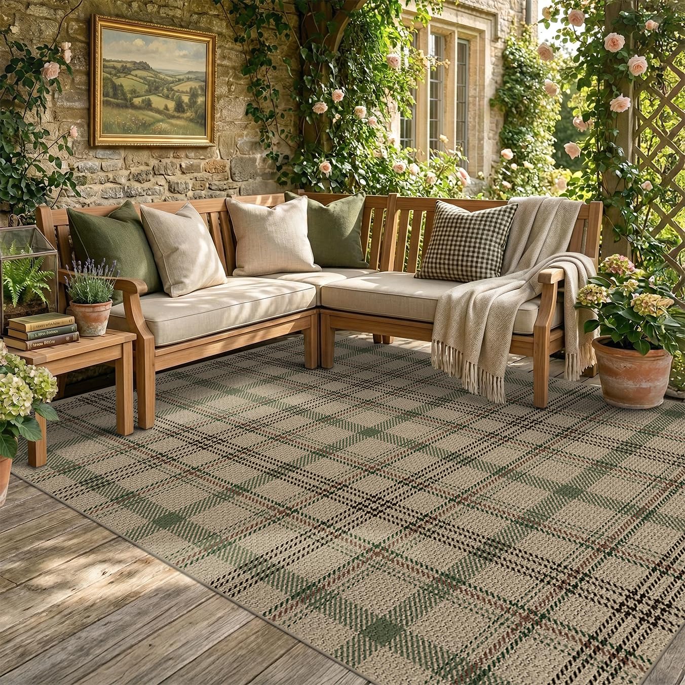 Washable Plaid Indoor Outdoor Rug 3x5 for Front Porch, Entryway, Patio, No Shed Easy Jute Non Slip TPR Backing Area Rug for Large Kitchen, Farmhouse Black & Tan Checkered Seegrass Aesthetic